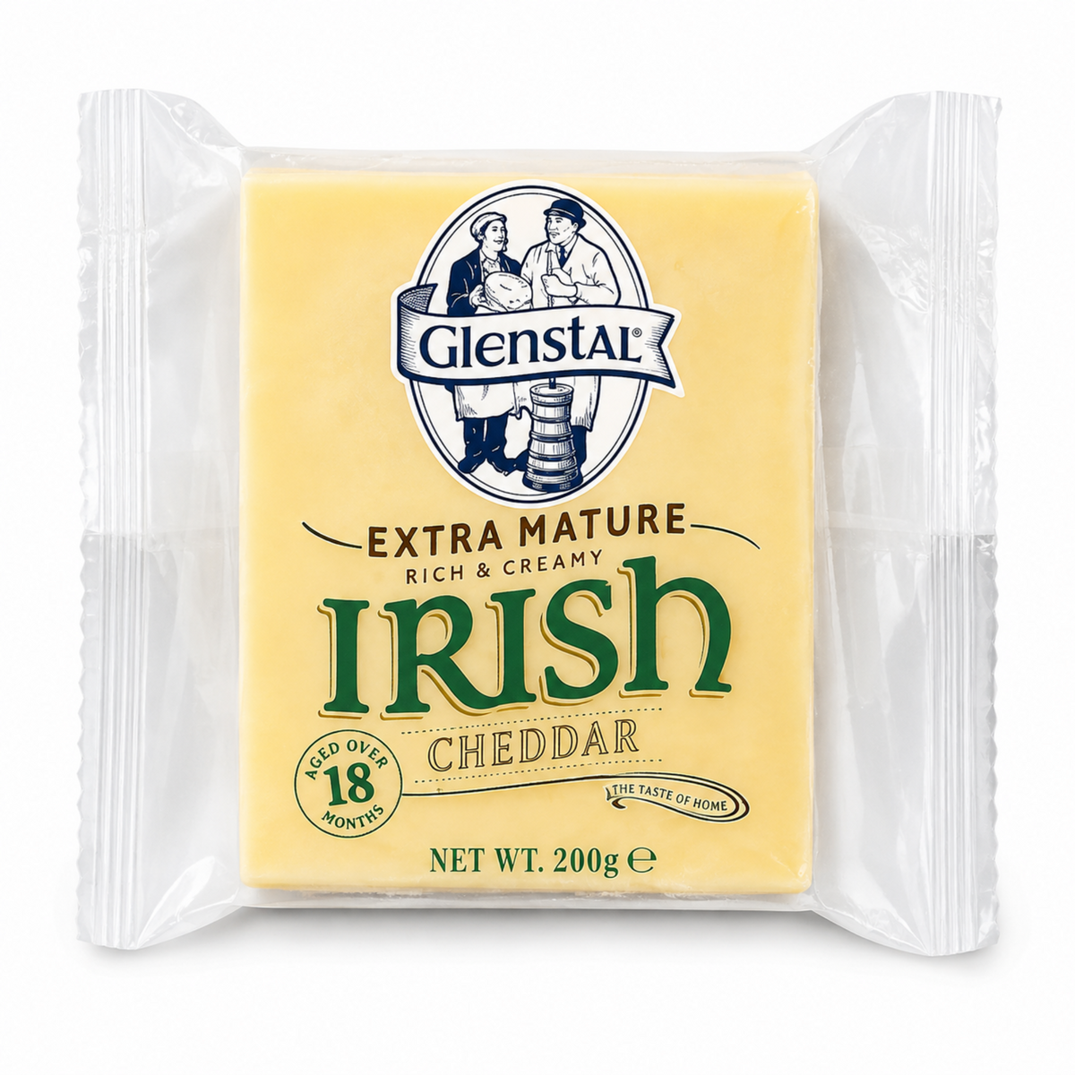 Glenstal Irish Cheddar Cheese yellow 200g Extra Mature in clear packaging