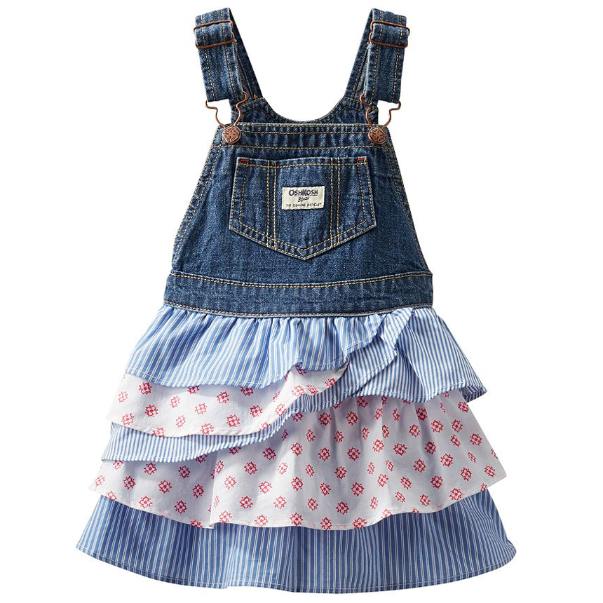 Oshkosh Floral Stripe Overall Dress Denim Multi Color