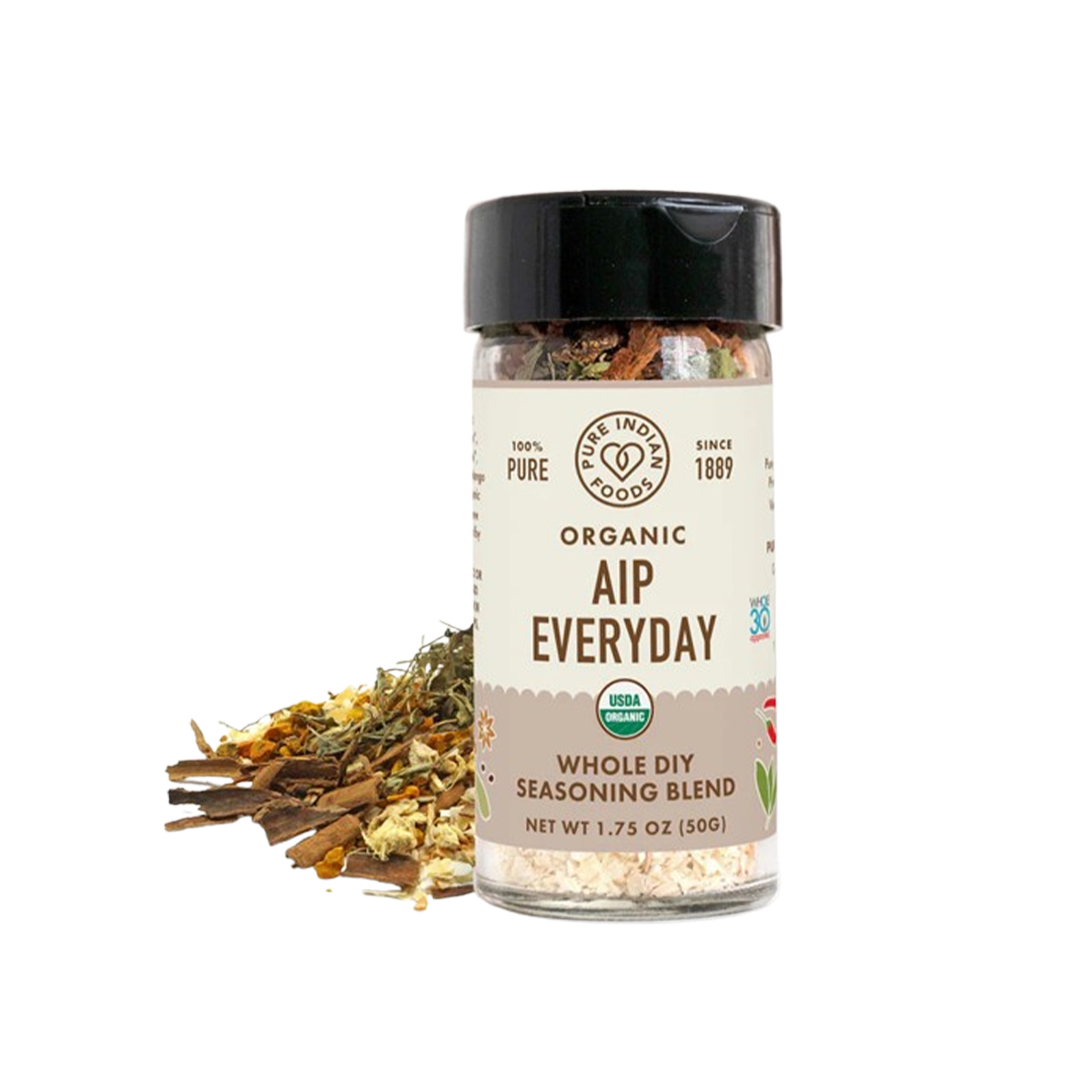 Pure Indian Foods AIP Everyday Seasoning DIY, Certified Organic - Whole Seasoning Blend Glass Jar - Case of 12 - 1.75 oz