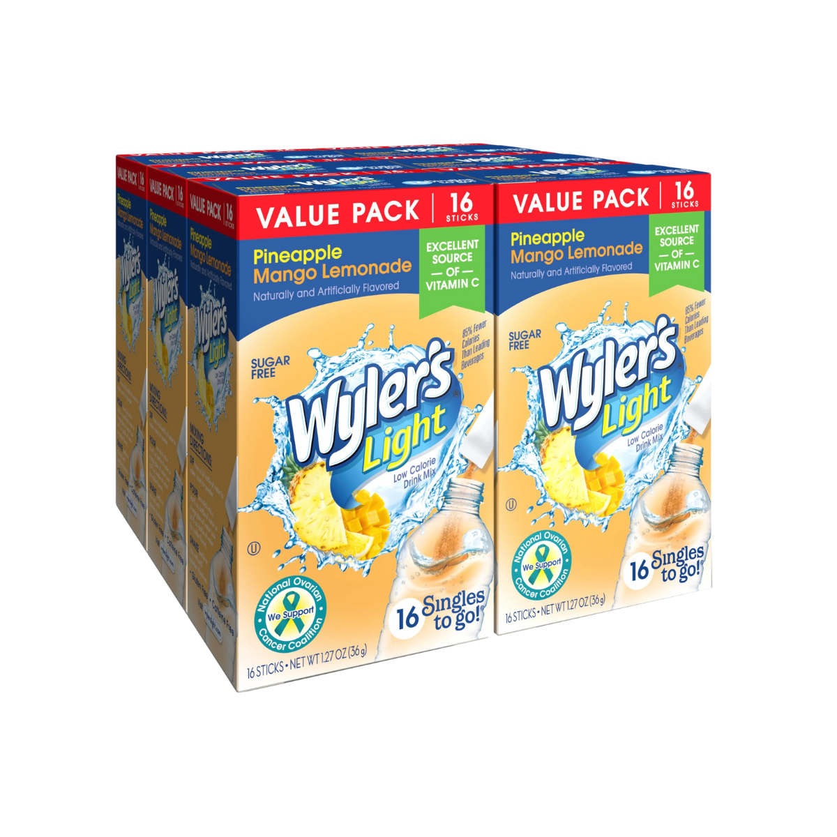 Wyler's Light Singles To Go Powder Packets, Water Drink Mix, Lemonade, 16 Count, 6 Boxes