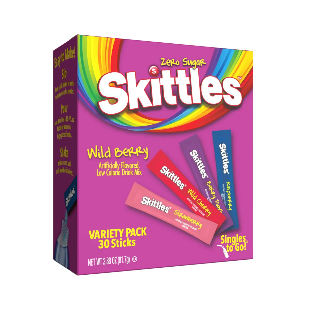 Skittles Singles To Go Wild Berry Variety Pack, Watertok Powdered Drink Mix, Zero Sugar, Low Calorie, Includes 4 Wild Berry Flavors, 1 Box (30 Single Servings)