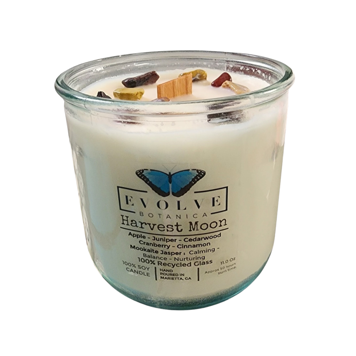 Evolve Botanica + Rocks Candle - Harvest Moon (Wood Wick Mookite Gemstone Soy Candle) + Case of 3 + 11 oz