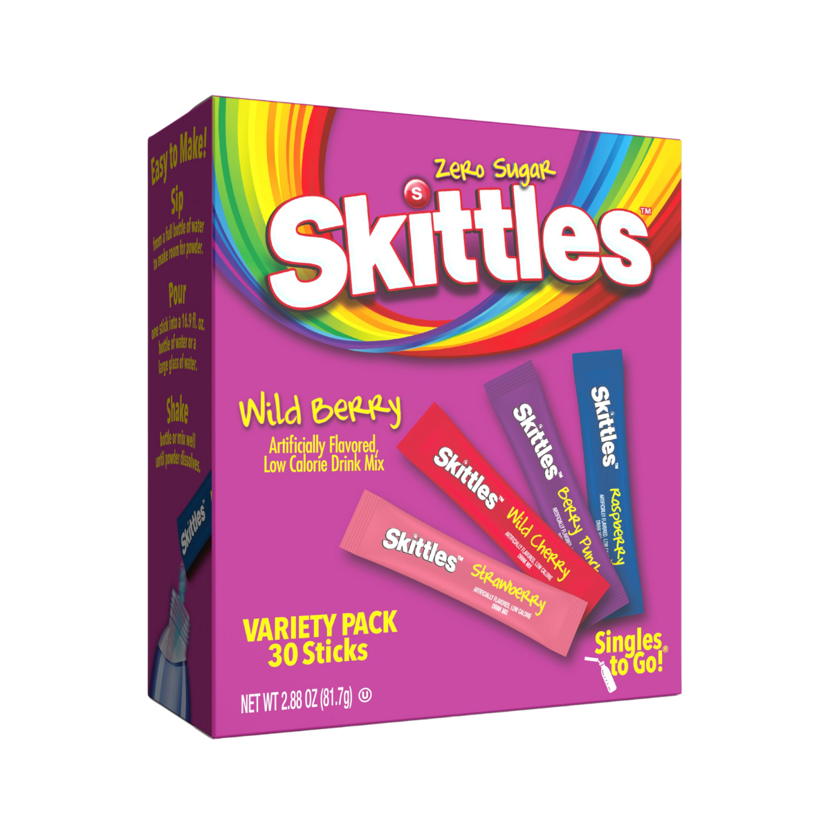 Skittles Singles To Go Wild Berry Variety Pack, Watertok Powdered Drink Mix, Zero Sugar, Low Calorie, Includes 4 Wild Berry Flavors, 1 Box (40 Single Servings)