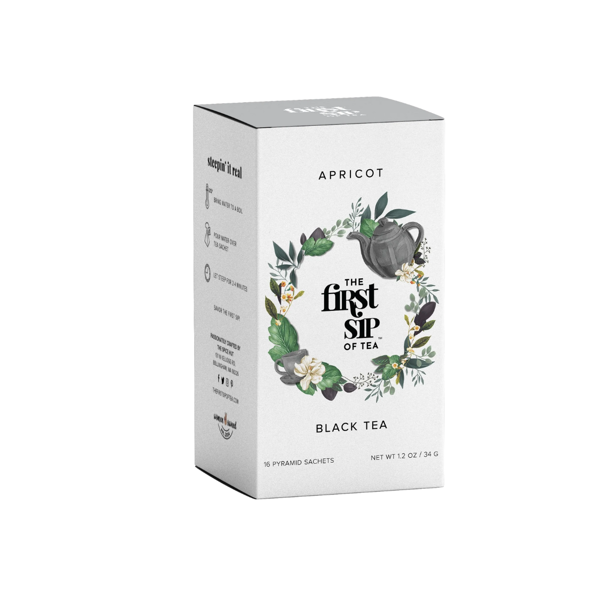 The First Sip Of Tea, Apricot Black Tea Box, Case of 6 Tea Boxes, 16 Tea Bags (Plastic-Free Sachets) / Box