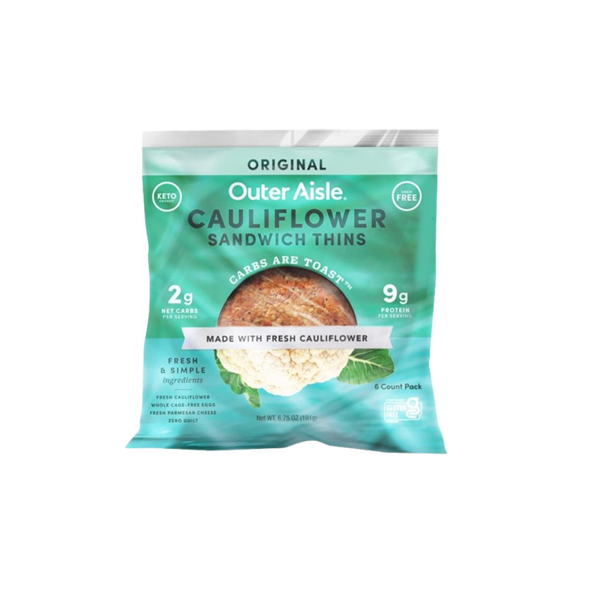 Outer Aisle, Cauliflower Sandwich Thins Everything but Carbs, Case Of 12, 6.75 oz