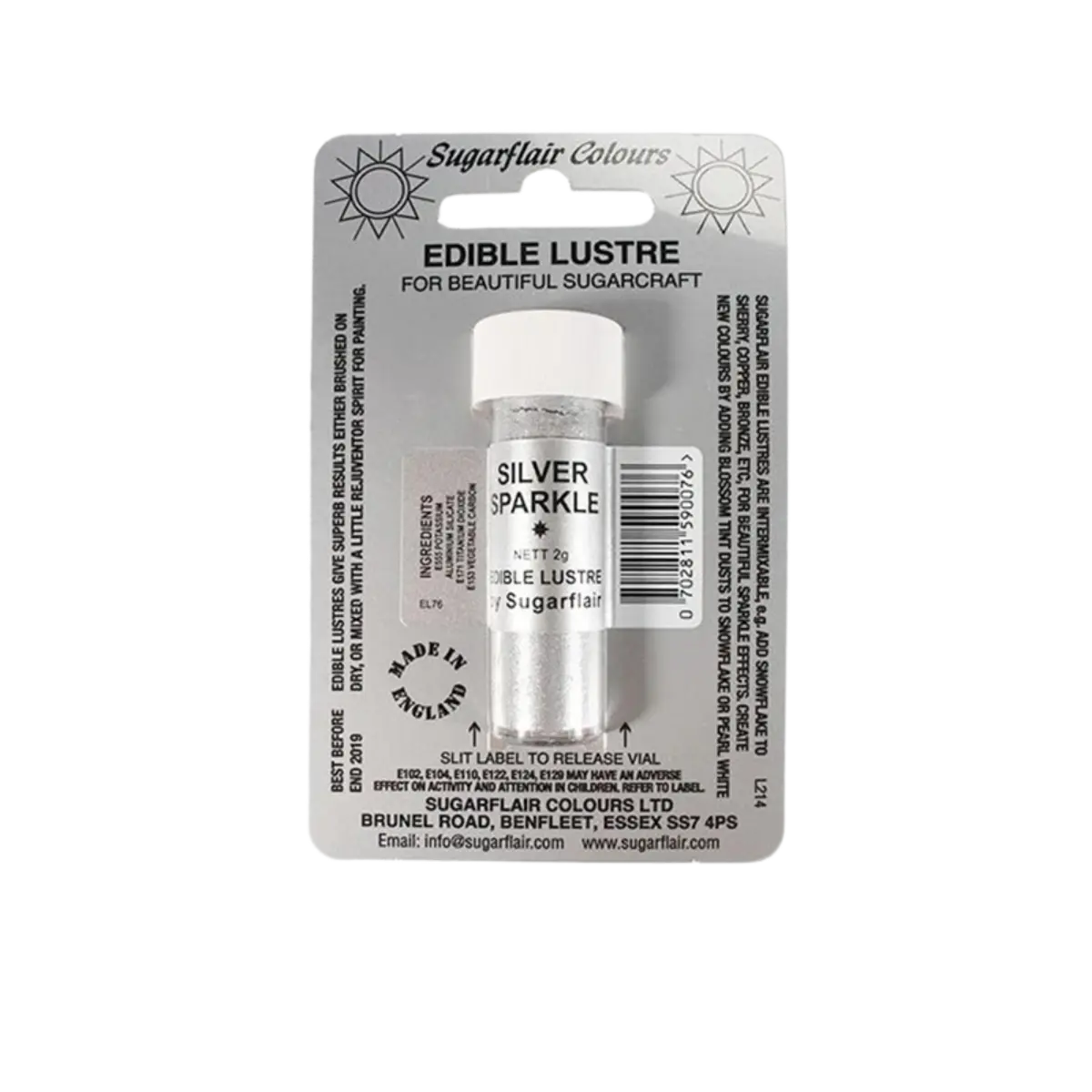 Sugarflair Edible Silver Sparkle Lustre Dust Powder 2G