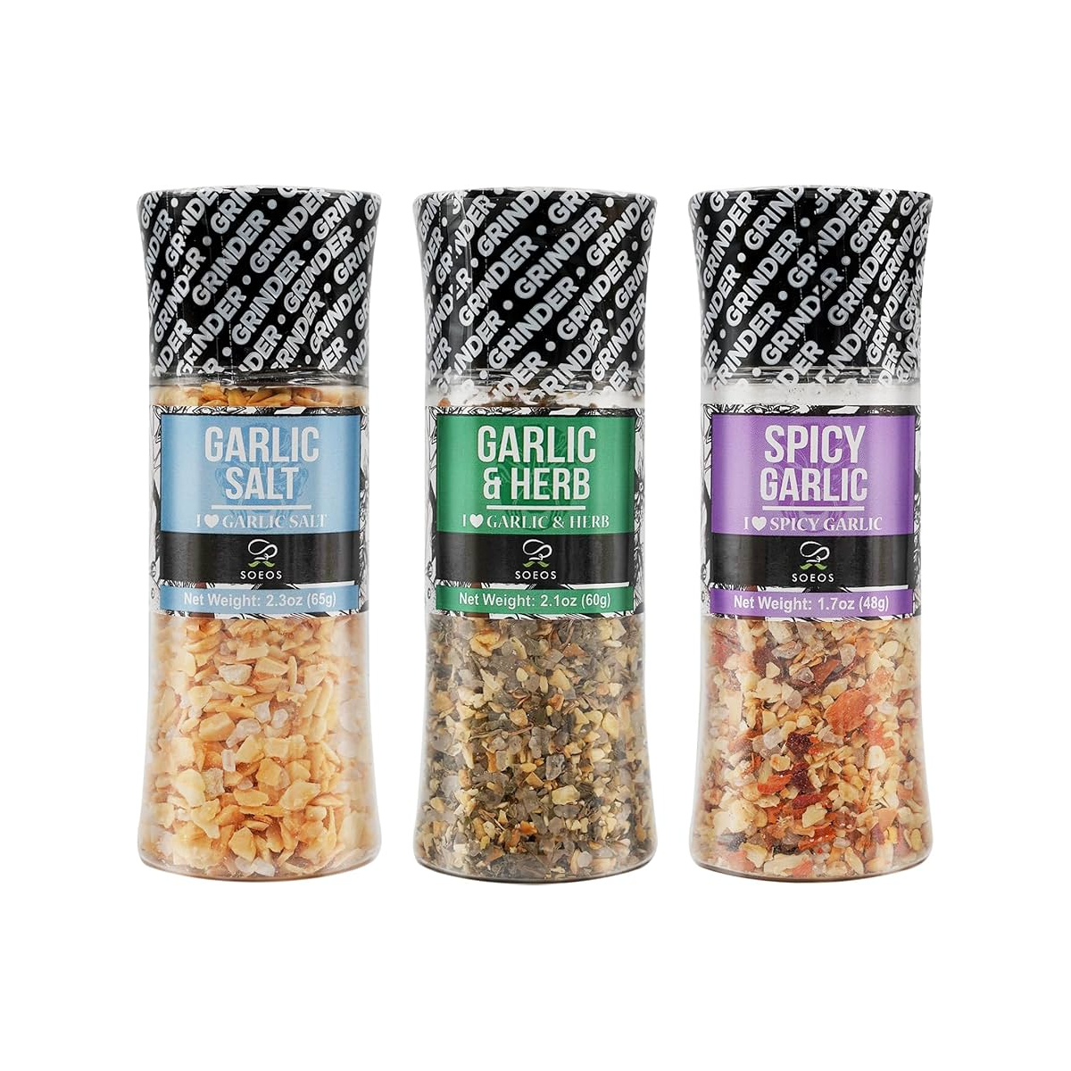 Soeos I Love Garlic Spice Seasoning Set of 3 with Integrated Grinders - Case of 24 - 6.1 oz