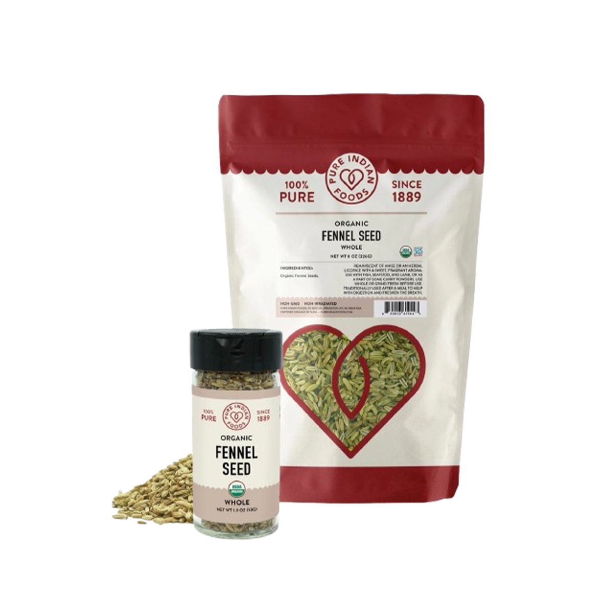 Pure Indian Foods Lucknow Fennel Seed, Certified Organic - Whole Seasoning Blend Resealable Bag - Case of 12 - 8 oz