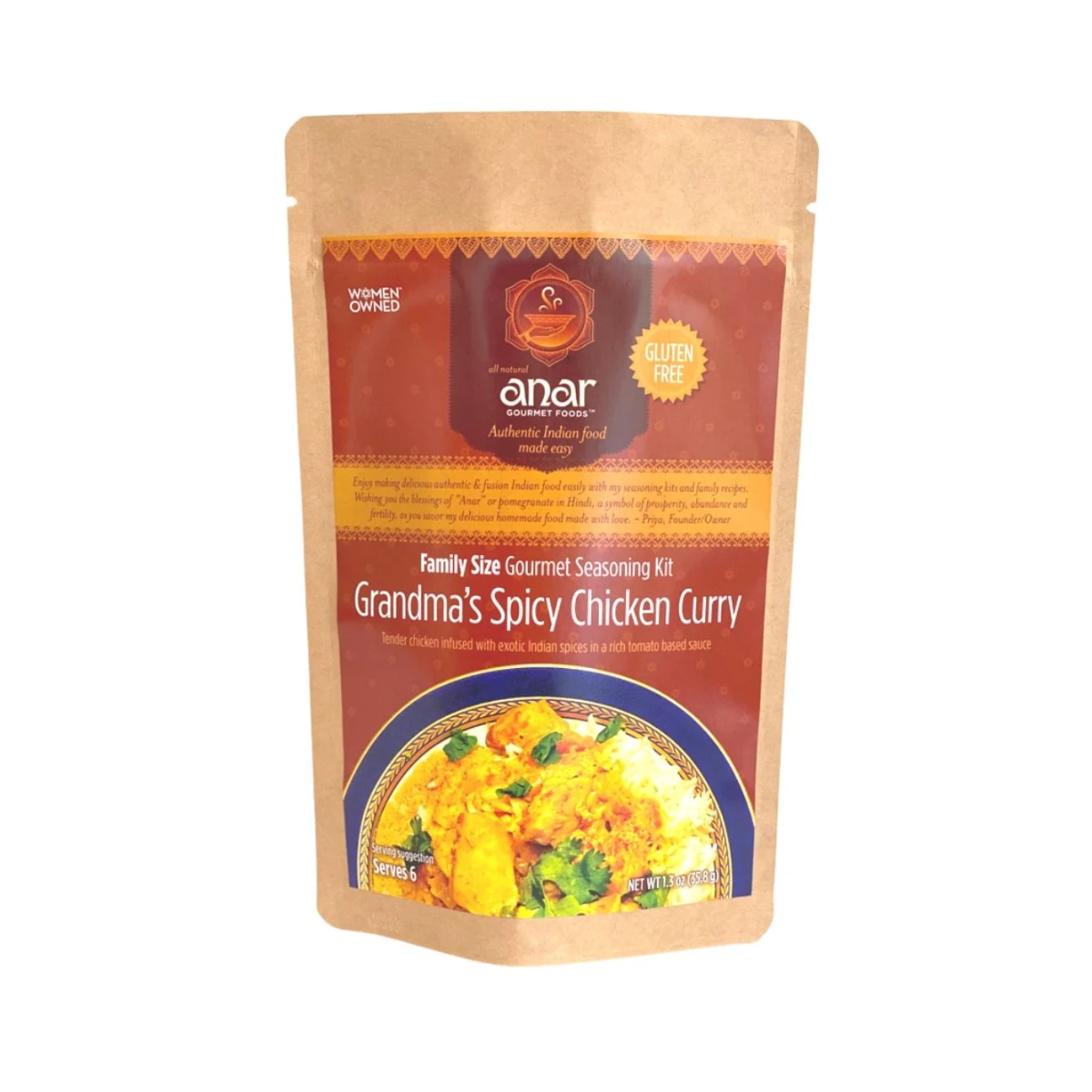 Anar Gourmet Foods Grandma's Spicy Chicken Curry Gourmet Seasoning kit | Family Size Case of 6 (1.3 oz)