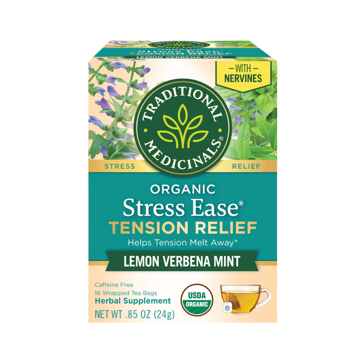 Traditional Medicinals Organic Stress Ease Tension Relief Lemon Verbena Mint Tea 16 count