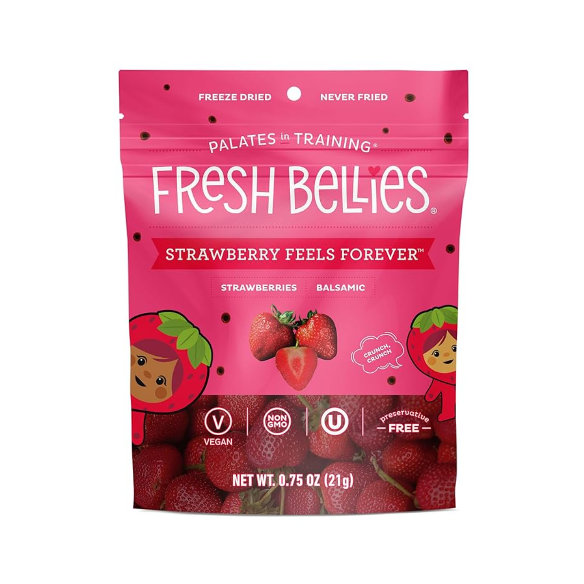 Fresh Bellies, Strawberry Feels Forever Freeze Dried Strawberries Balsamic Snack Pouch, Case Of 6, .