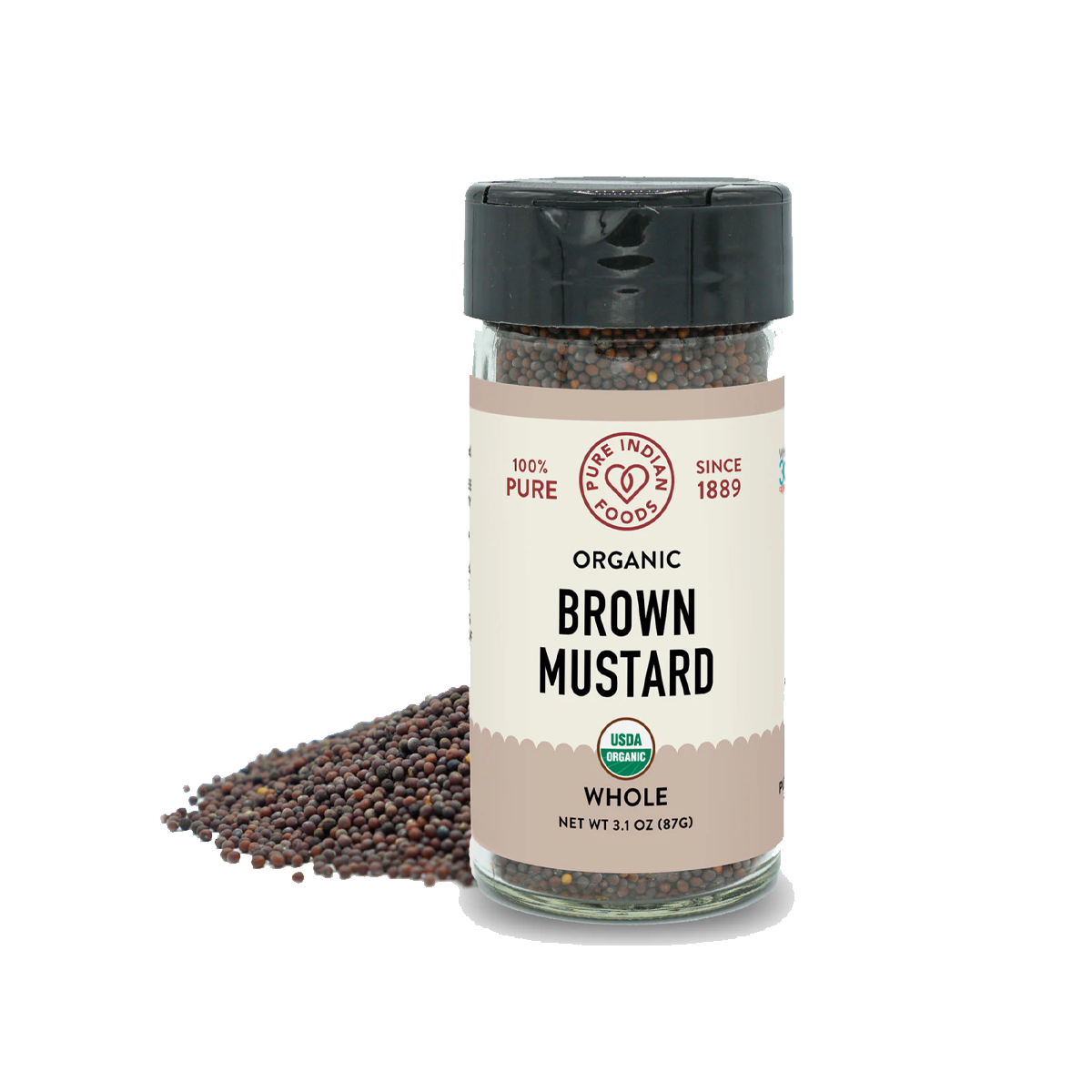 Pure Indian Foods Mustard Seed Brown, Certified Organic - Whole Seasoning Blend Glass Jar - Case of 12 - 3.1 oz