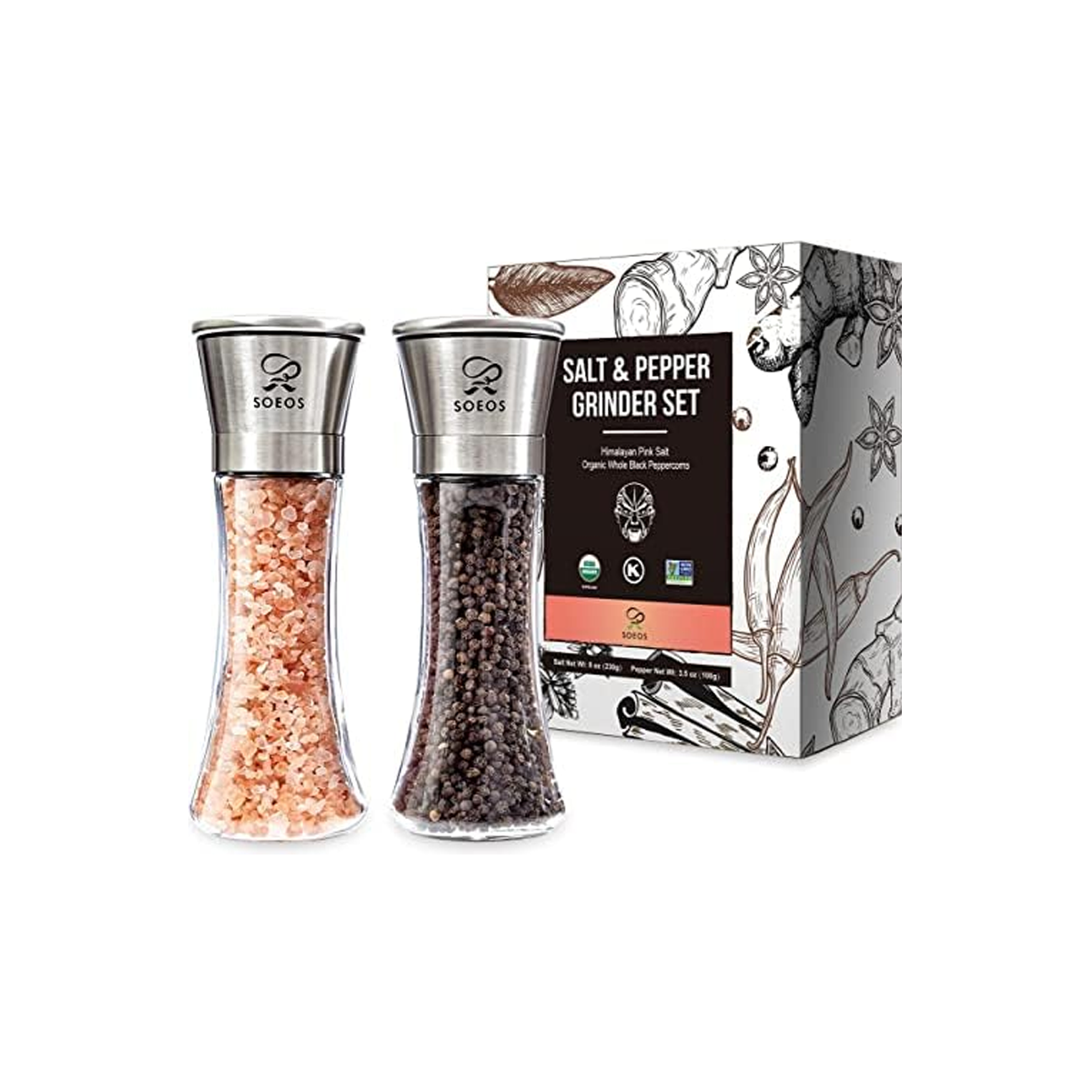 Soeos Salt and Pepper Grinder Set - Whole Black Peppercorns 100g, Himalayan Pink Salt 230g - Case of 15