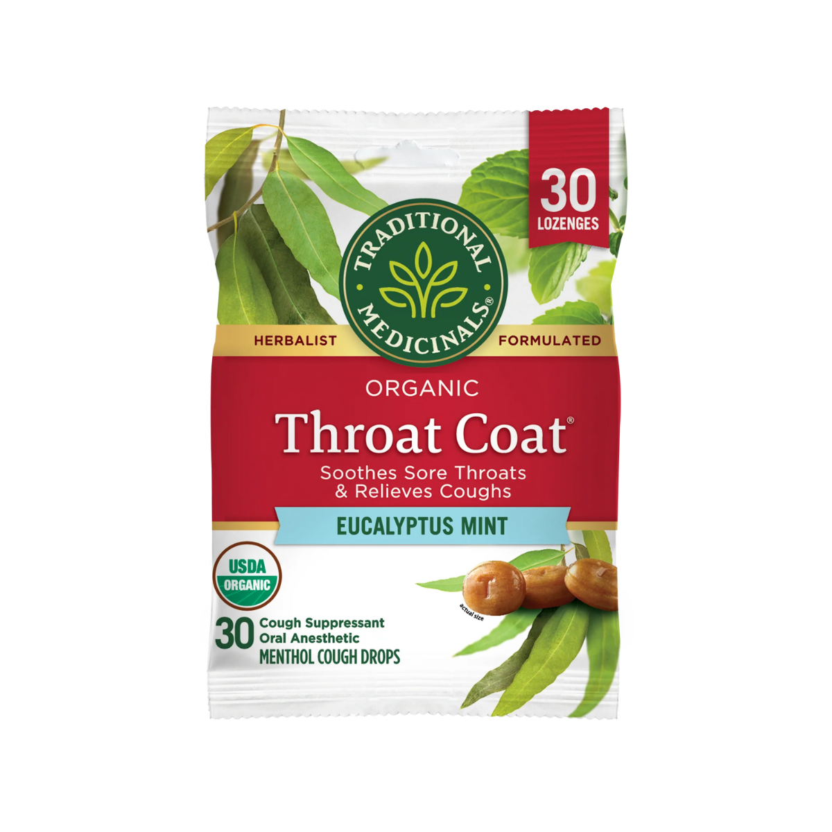 Traditional Medicinals Organic Throat Coat Eucalyptus Mint Lozenges 16 count