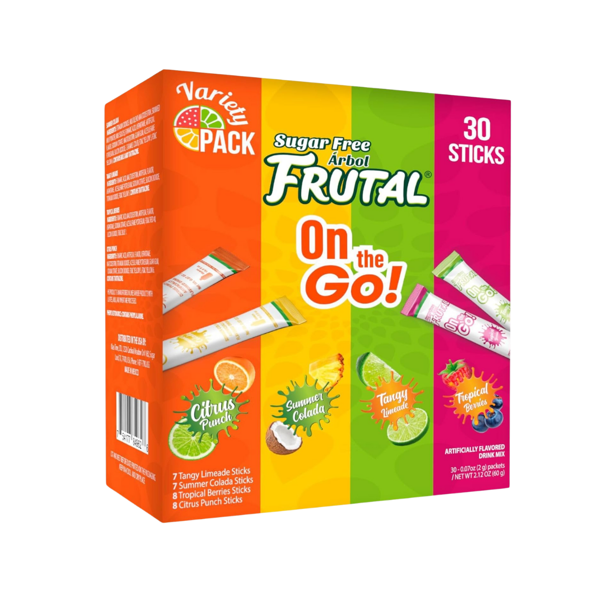 Powdered Drink Mix Variety Pack, Sugar Free! – Fruity flavors - Summer Colada, Tangy Limeade, Citrus Punch & Tropical Berries Packets (30 Count of Stick Packs) - Frutal On-The-Go!