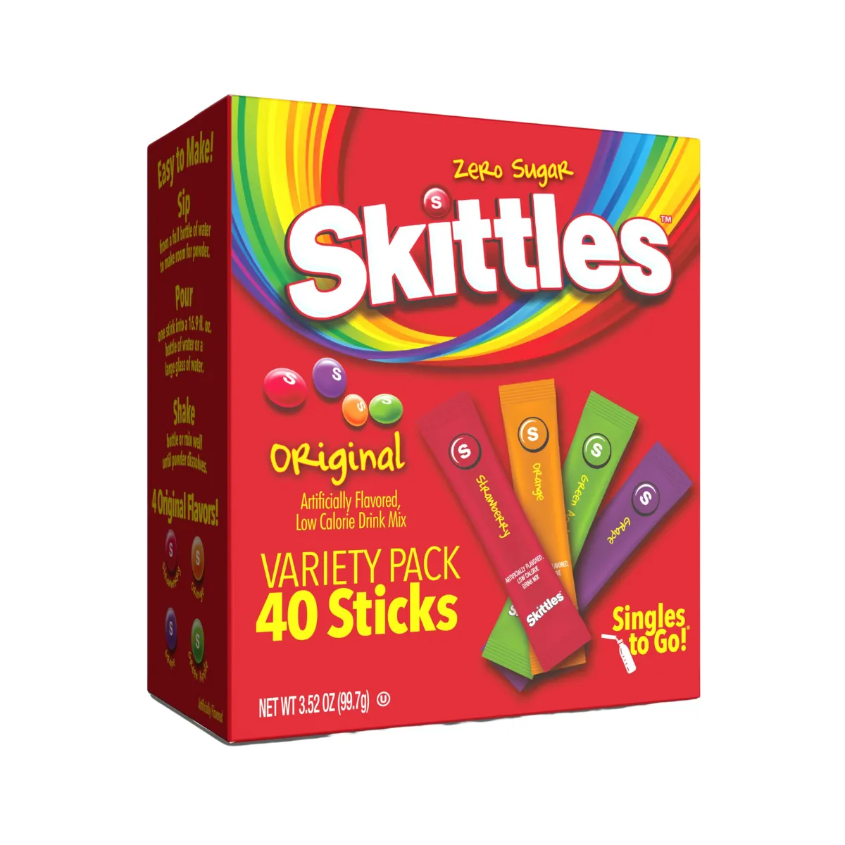 Skittles Singles To Go Variety Pack, Watertok Powdered Drink Mix, Zero Sugar, Low Calorie, Includes 4 Flavors: Green Apple, Strawberry, Grape, Orange, 1 Box (40 Single Servings)