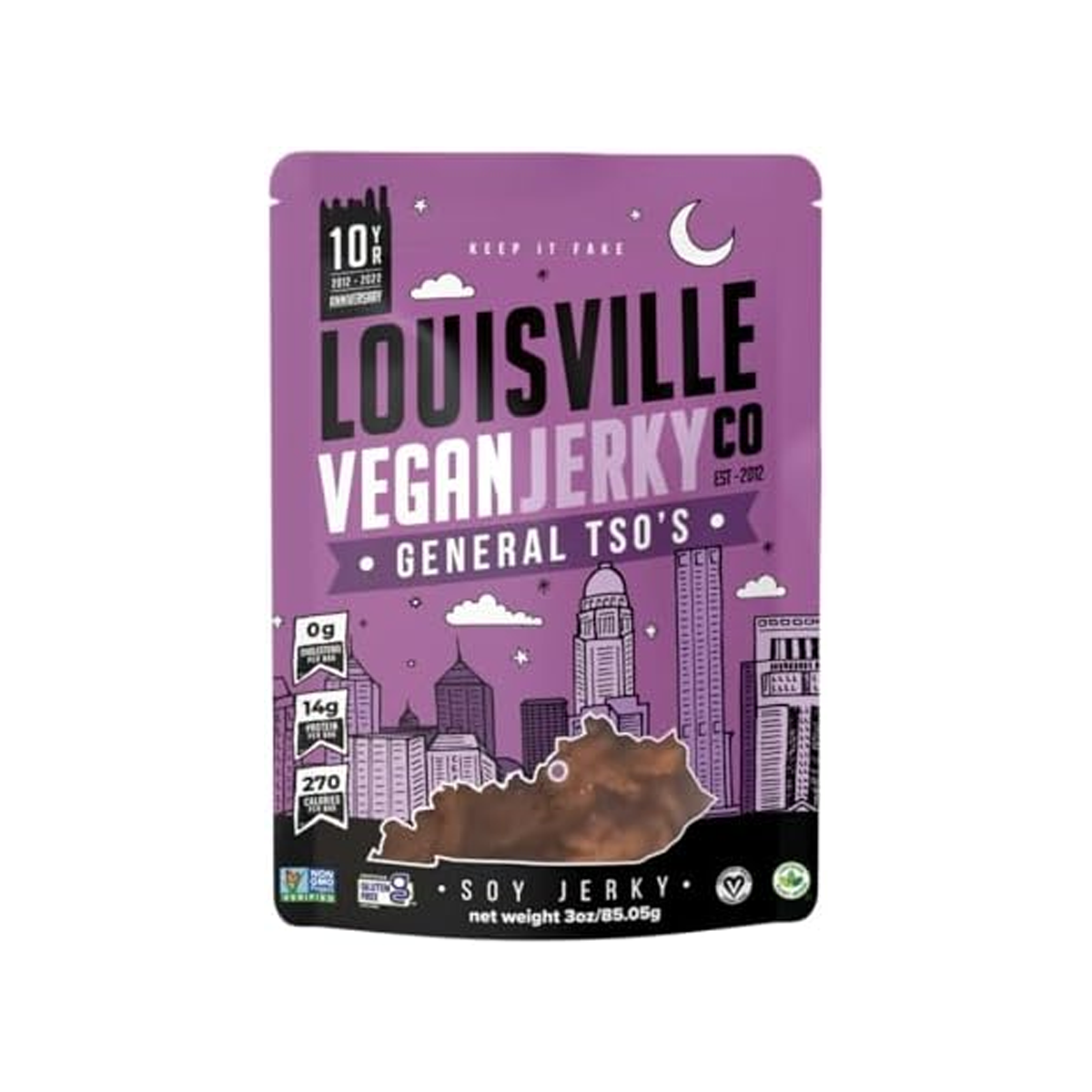 Louisville Vegan Jerky, General Tso's Soy Snack, Case Of 10, 3 oz