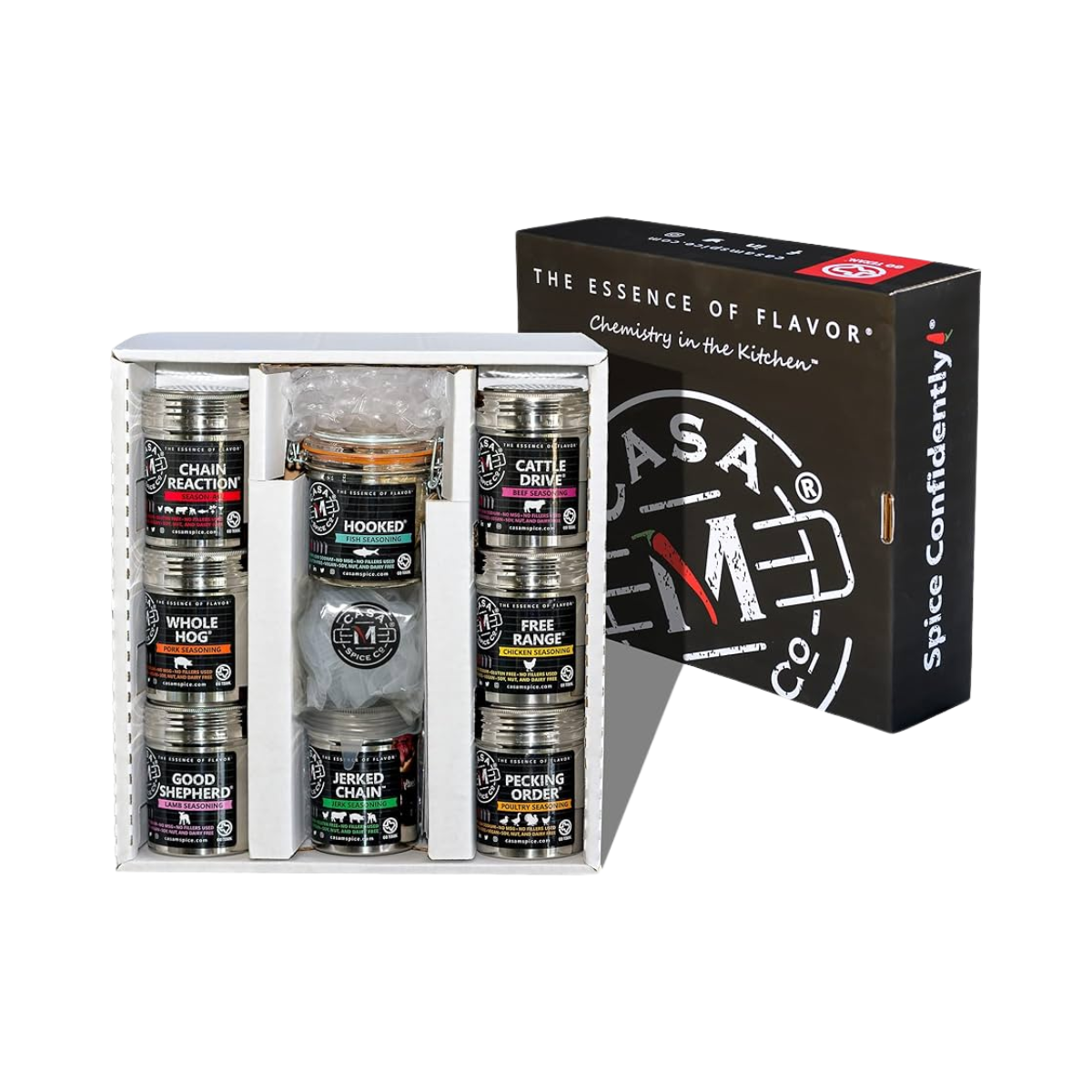Casa M Spice Co® Gourmet Seasonings Gift Set - (Includes 7 Stainless Shakers, 1 Glass Jar, and 7 Silicone Stretch Lids) - Case of 4