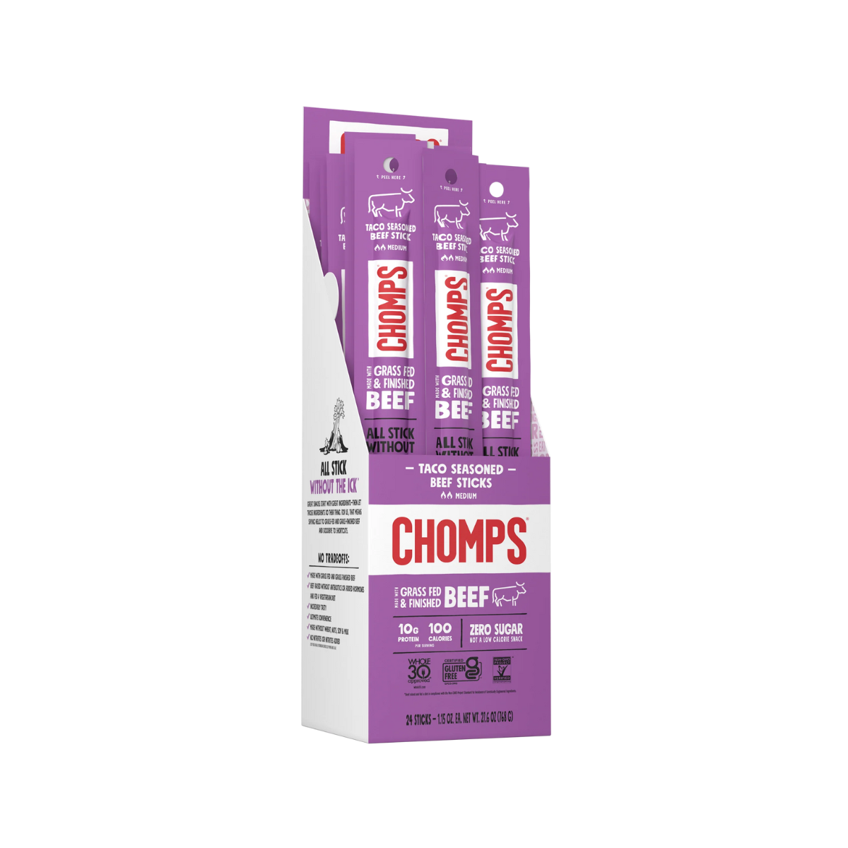 Chomps, Beef Sticks Taco Seasoned, Case Of 24, 1.15 oz