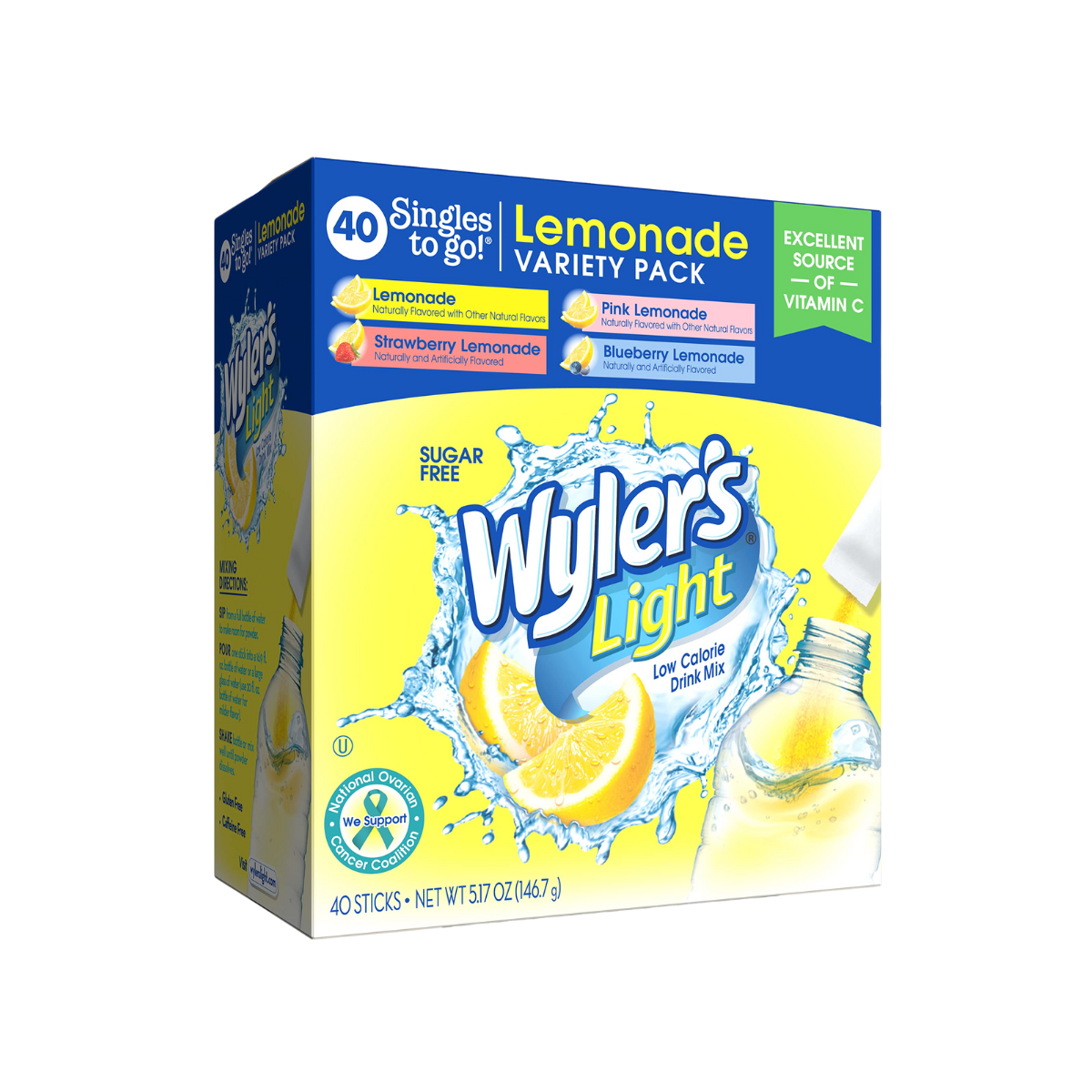 Wyler's Light Singles to Go Powder Packets, Water Drink Mix, 40 count Variety Pack, Pink, Strawberry & Blueberry Lemonade, Sugar & Caffeine Free, On-The-Go,(Pack of 1)