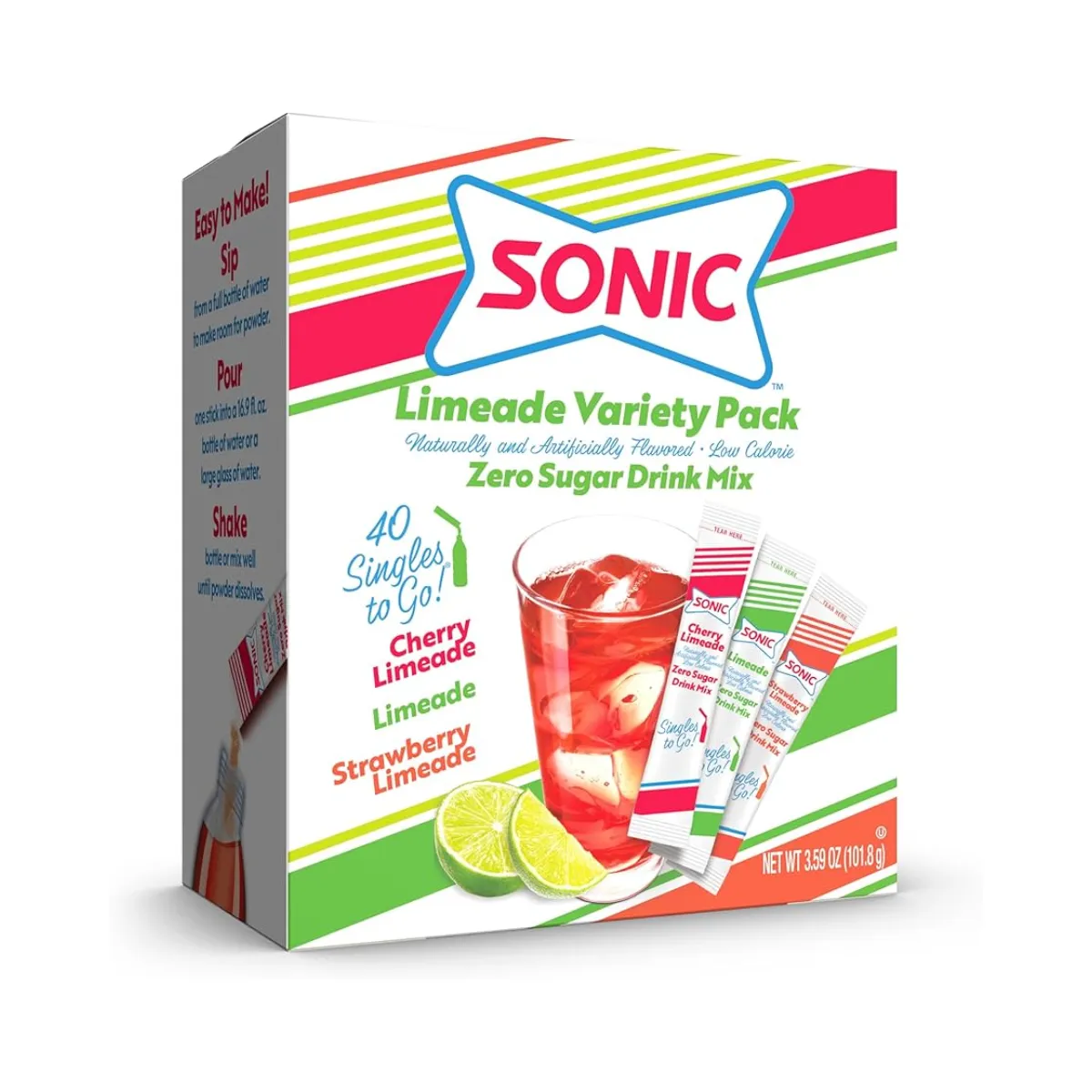 Sonic Singles To Go Variety Pack, Watertok Powdered Drink Mix, Includes 3 Flavors, Cherry Limeade, Strawberry Limeade, 1 Box (40 Servings)