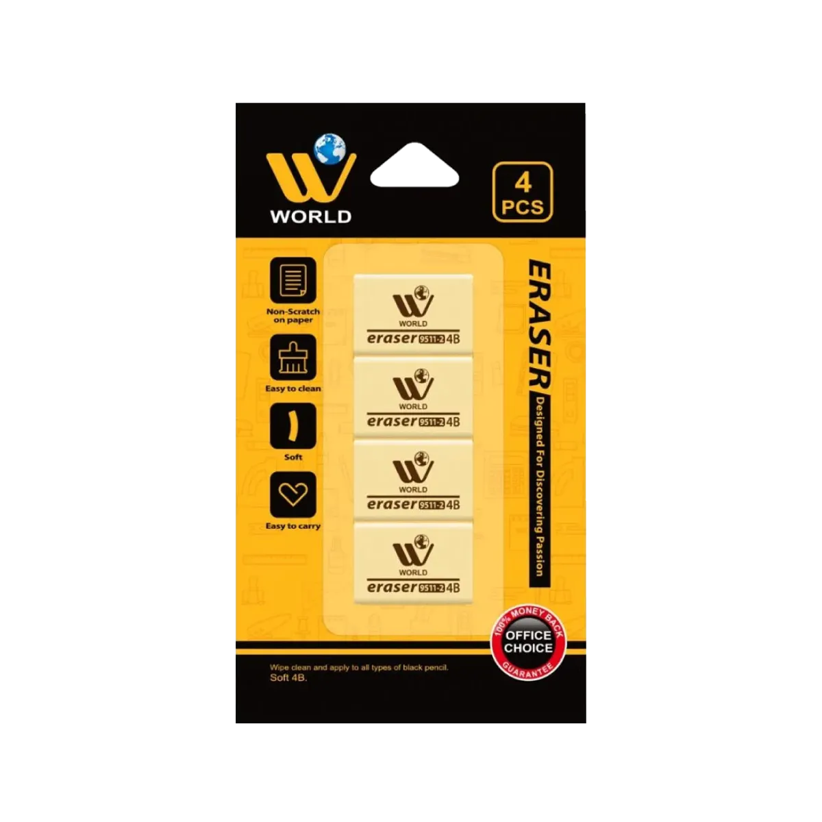 WBM Erasers 4P Yellow 9511-3C