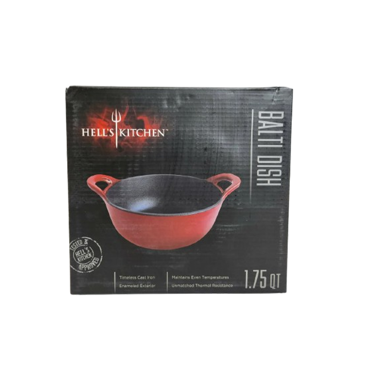 Hell's Kitchen Pre-seasoned Cast Iron Balti Dish - Oven Safe - Helper Handles - 1.75 Quart - Red