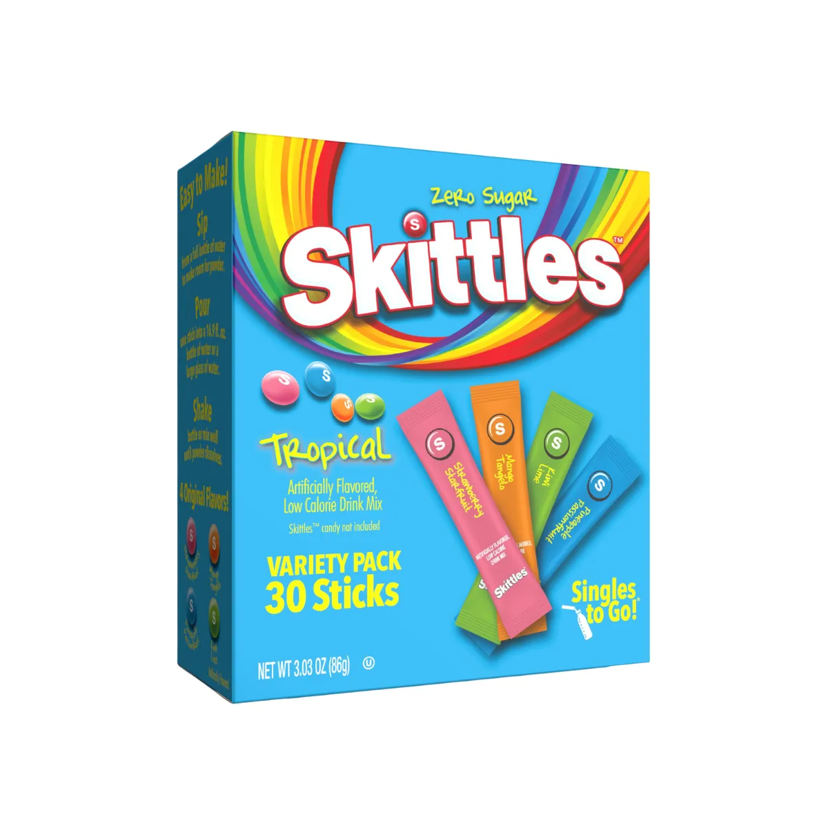 Skittles Singles To Go Tropical Variety Pack, Watertok Powdered Drink Mix, Includes 4 Flavors, Strawberry Starfruit, Mango Tangelo, Kiwi Lime, Pineapple Passionfruit, 1 Box (30 Servings)