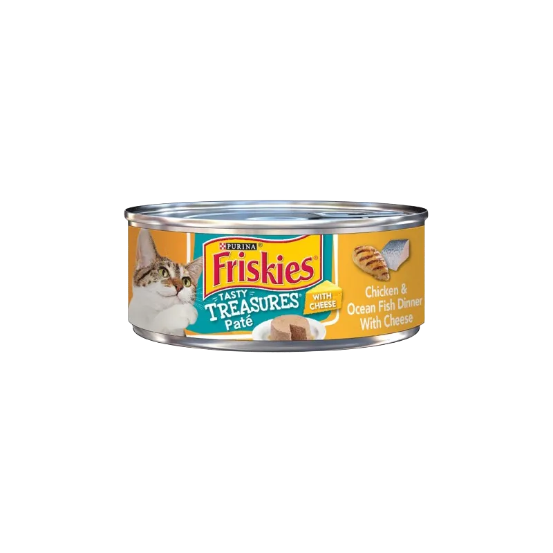 Friskies Tasty Treasures Pate Chicken & Ocean Fish Dinner with Cheese Cat Food 156 Grams