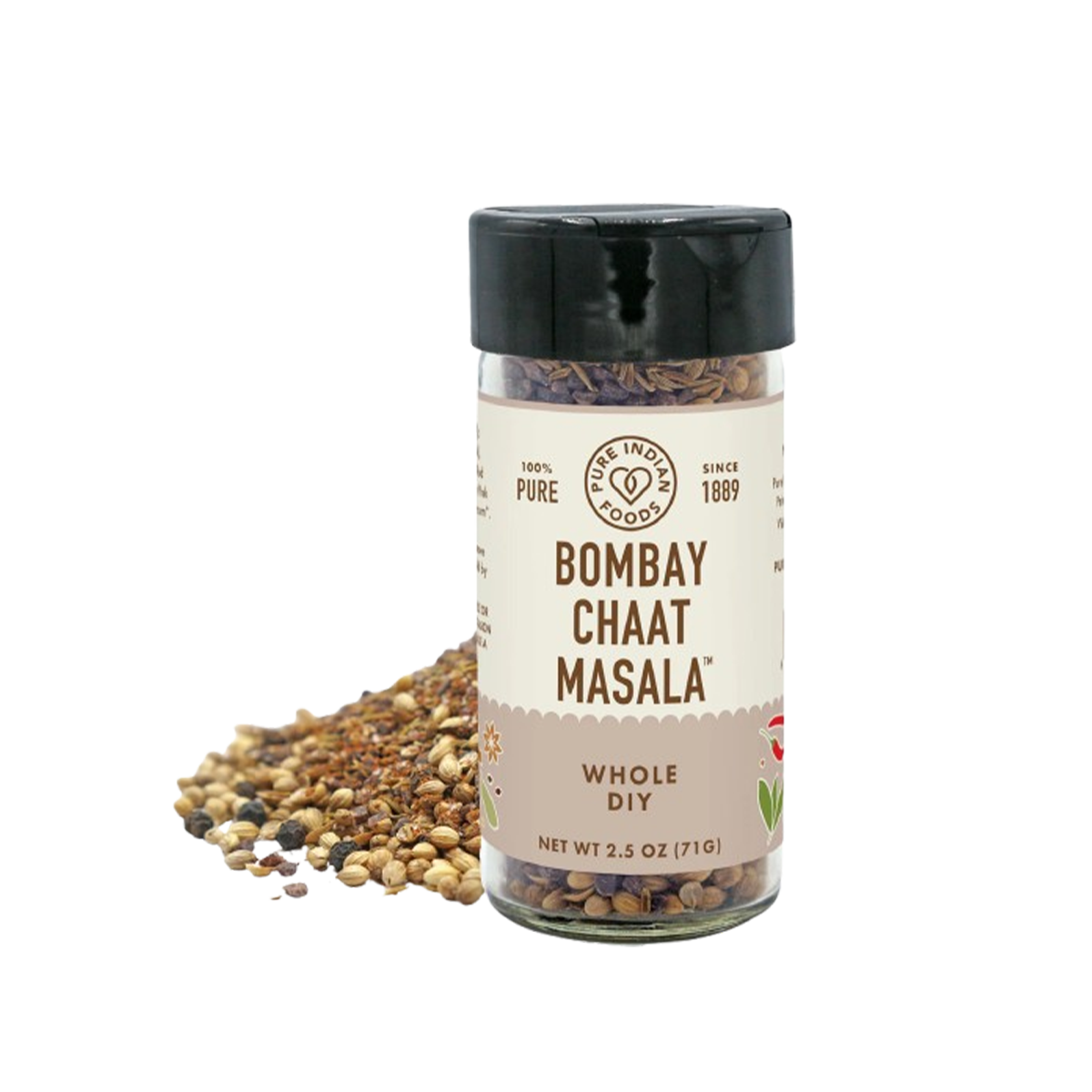Pure Indian Foods Bombay Chaat Masala DIY, Certified Organic - Whole Seasoning Blend Glass Jar - Case of 12 - 2.5 oz