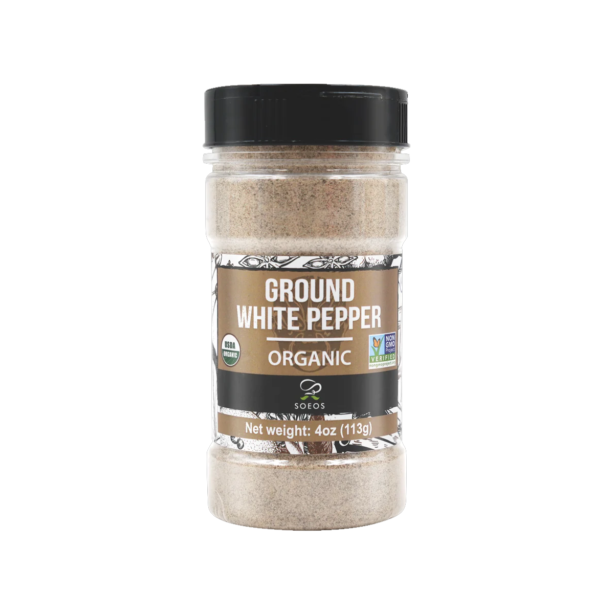 Soeos Organic White Pepper Ground Fine - Case of 126 - 4 oz (113g)