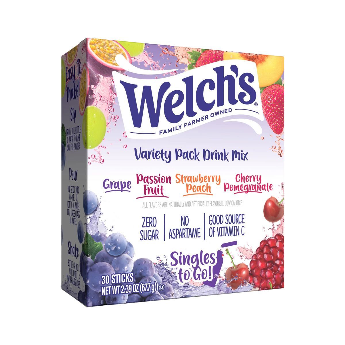 Welch's Singles To Go Variety Pack, Watertok Powdered Drink Mix, Includes 4 Flavors, Grape, Passion fruit, Strawberry Peach, Cherry Pomegranate, 1 Box (30 Servings)