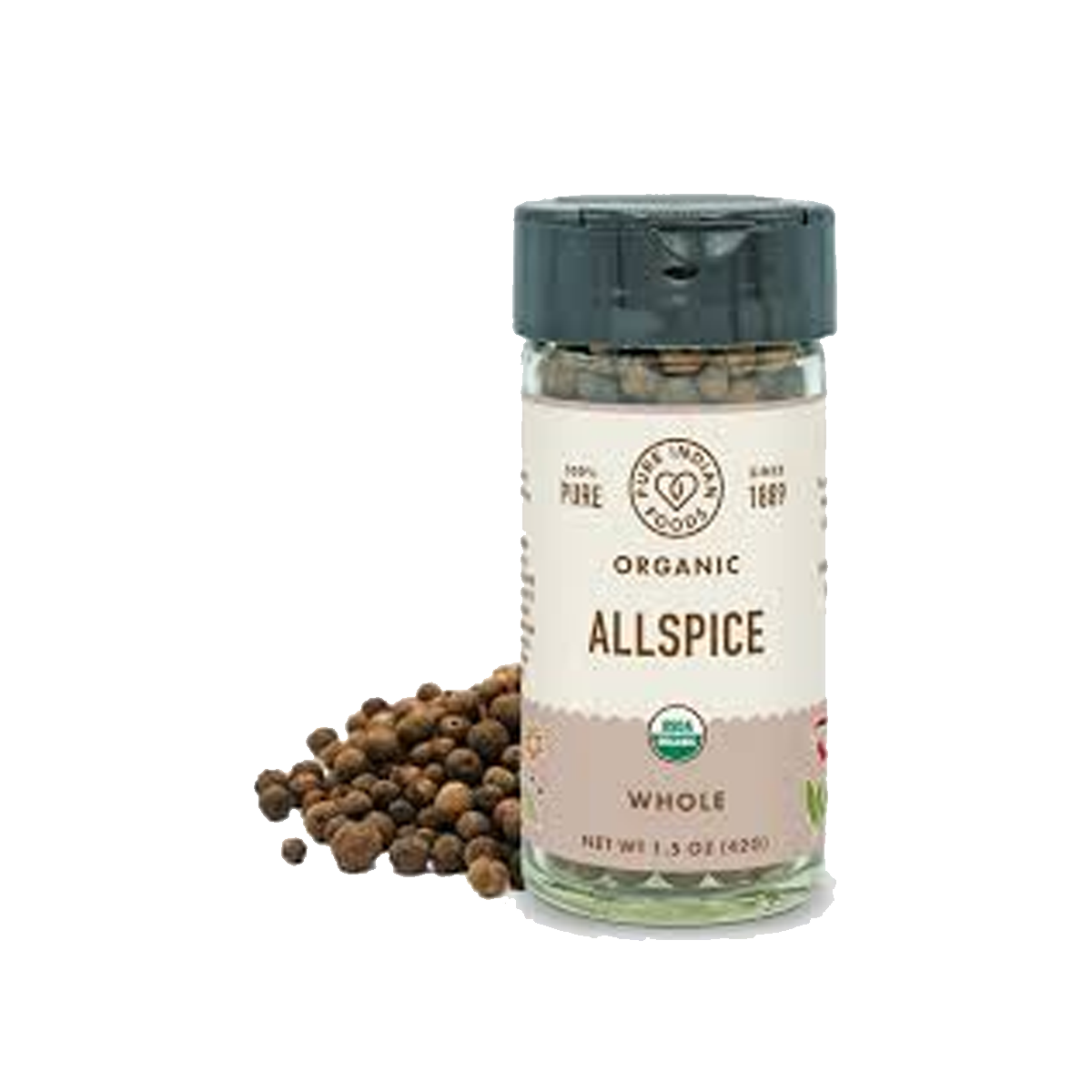 Pure Indian Foods Allspice, Certified Organic - Whole Glass Jar - Case of 12 - 1.5 oz