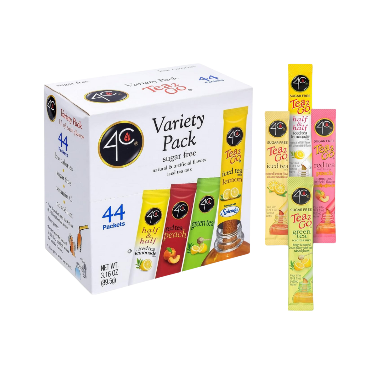 4C Powder Drink Mix Packets, Iced Tea Variety 1 Pack, 44 Count, Singles Stix On the Go, Refreshing Sugar Free Water Flavorings