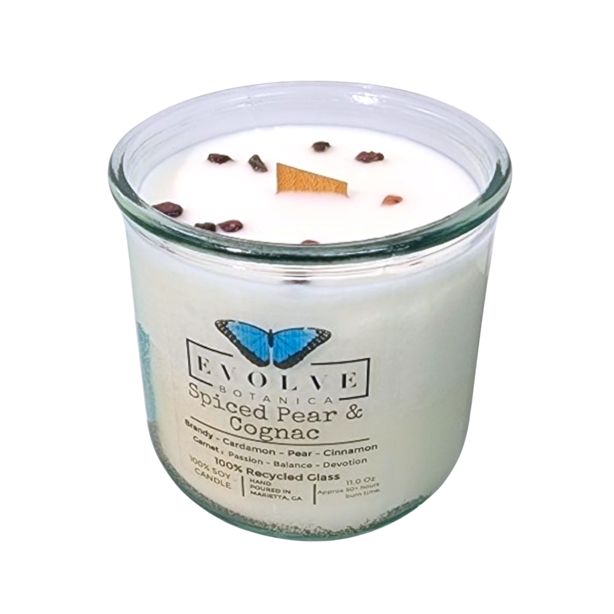 Evolve Botanica + Rocks Candle - Spiced Pear & Cognac (Wood Wick Garnet Gemstone Soy Candle) + Case of 3 + 11 oz