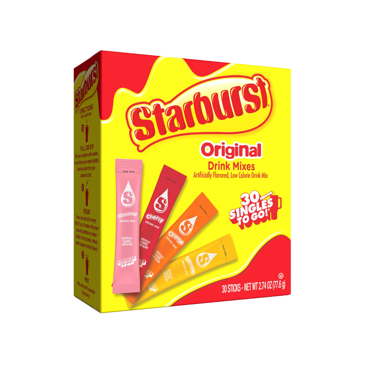 Starburst Singles to Go Variety Pack, Watertok Powdered Drink Mix, Includes 4 Flavors, Strawberry, Cherry, Orange And Lemon 1 Box (30 Servings)