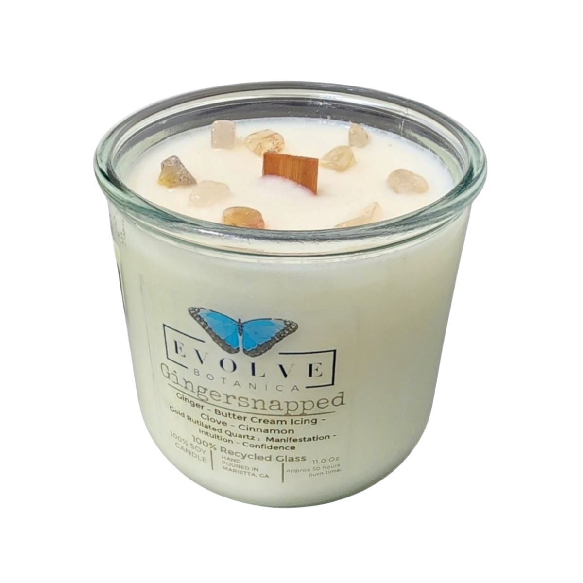 Evolve Botanica + Rocks Candle - Gingersnapped (Wood Wick Gold Rutilated Quartz Gemstone Soy Candle) + Case of 3 + 11 oz