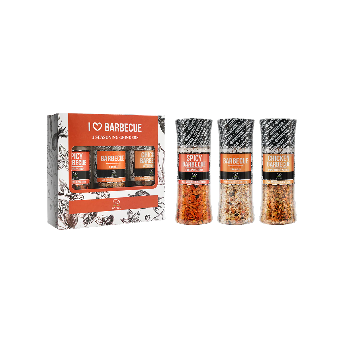 Soeos I Love BBQ Spice Seasoning Set of 3 with Integrated Grinders - Case of 24 - 5.2 oz