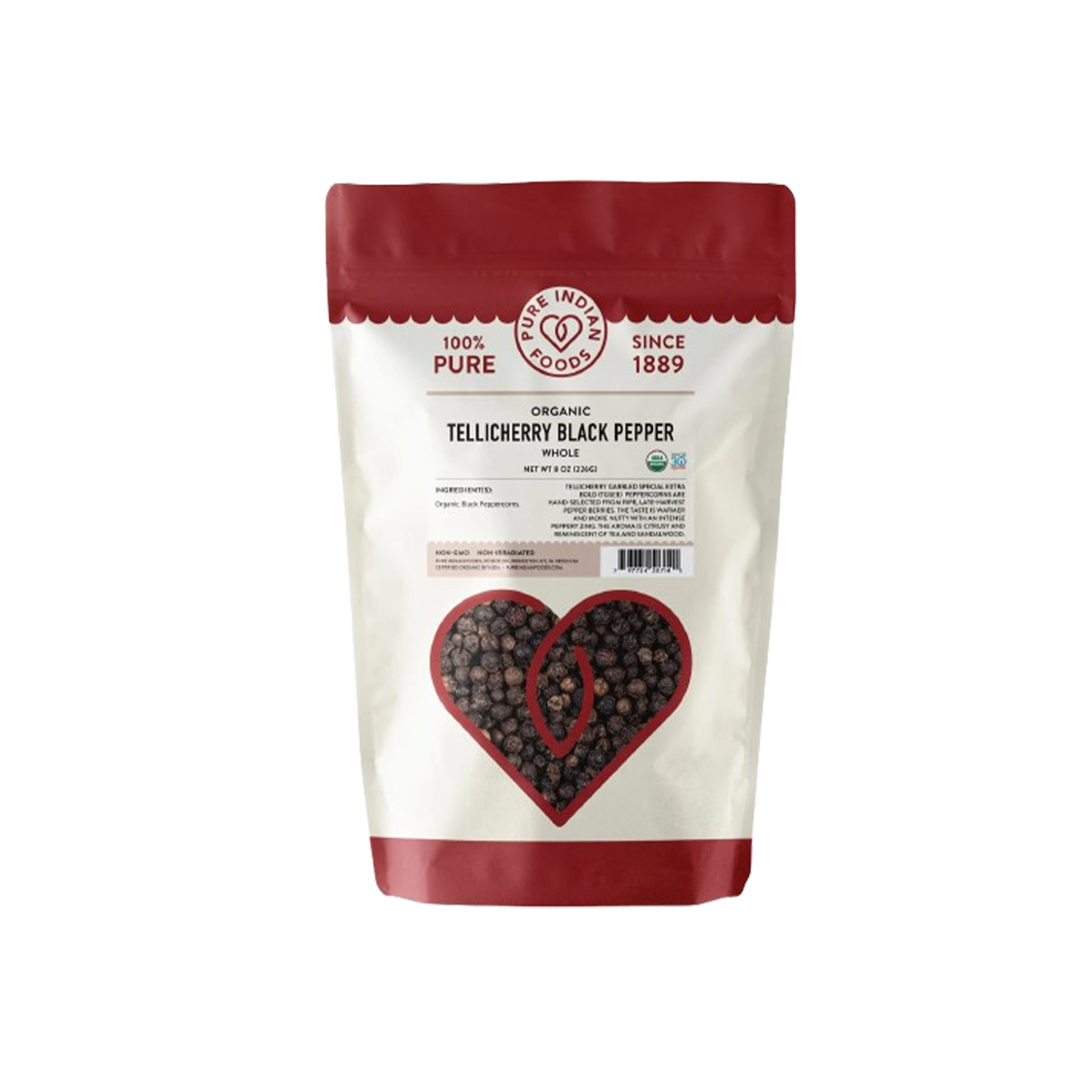 Pure Indian Foods Tellicherry Special Extra Bold Peppercorns, Certified Organic - Whole Seasoning Blend Resealable Bag - Case of 12 - 8 oz