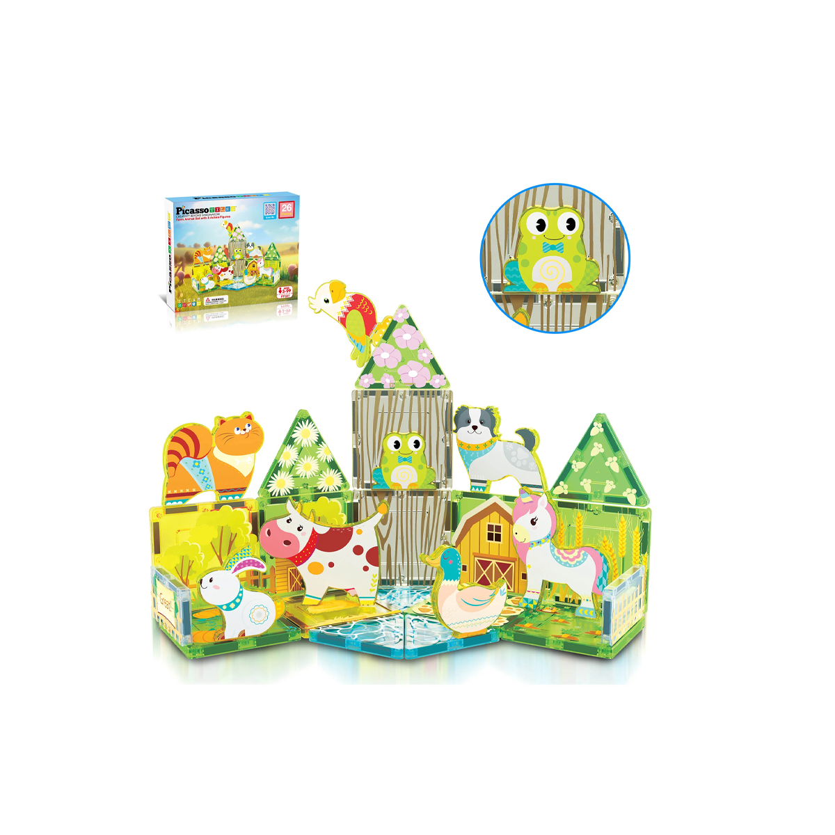 PicassoTiles  26 Pcs Magnet Tile Building Blocks Printed Fall Farm Themed Animal Toy Set PTQ27