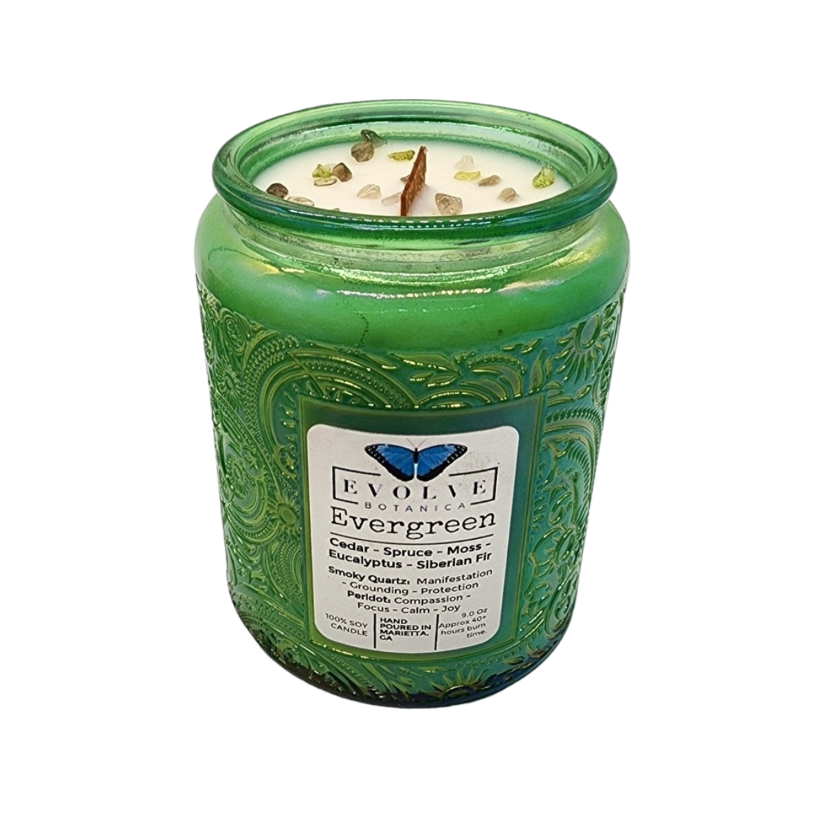Evolve Botanica + Rocks Candle - Evergreen (Wood Wick Peridot & Smoky Quartz Gemstone Soy Candle) + Case of 3 + 11 oz