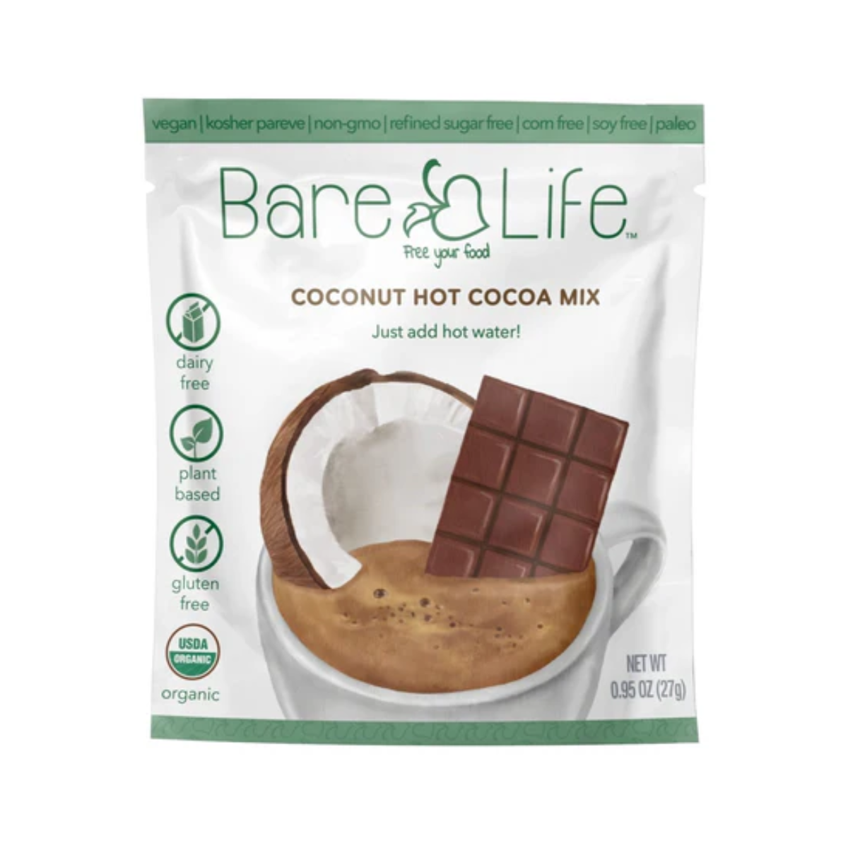 Bare Life, Organic Coconut Hot Cocoa Mix, 5 Pack Single Serving - Case of 12 - 4.75 OZ