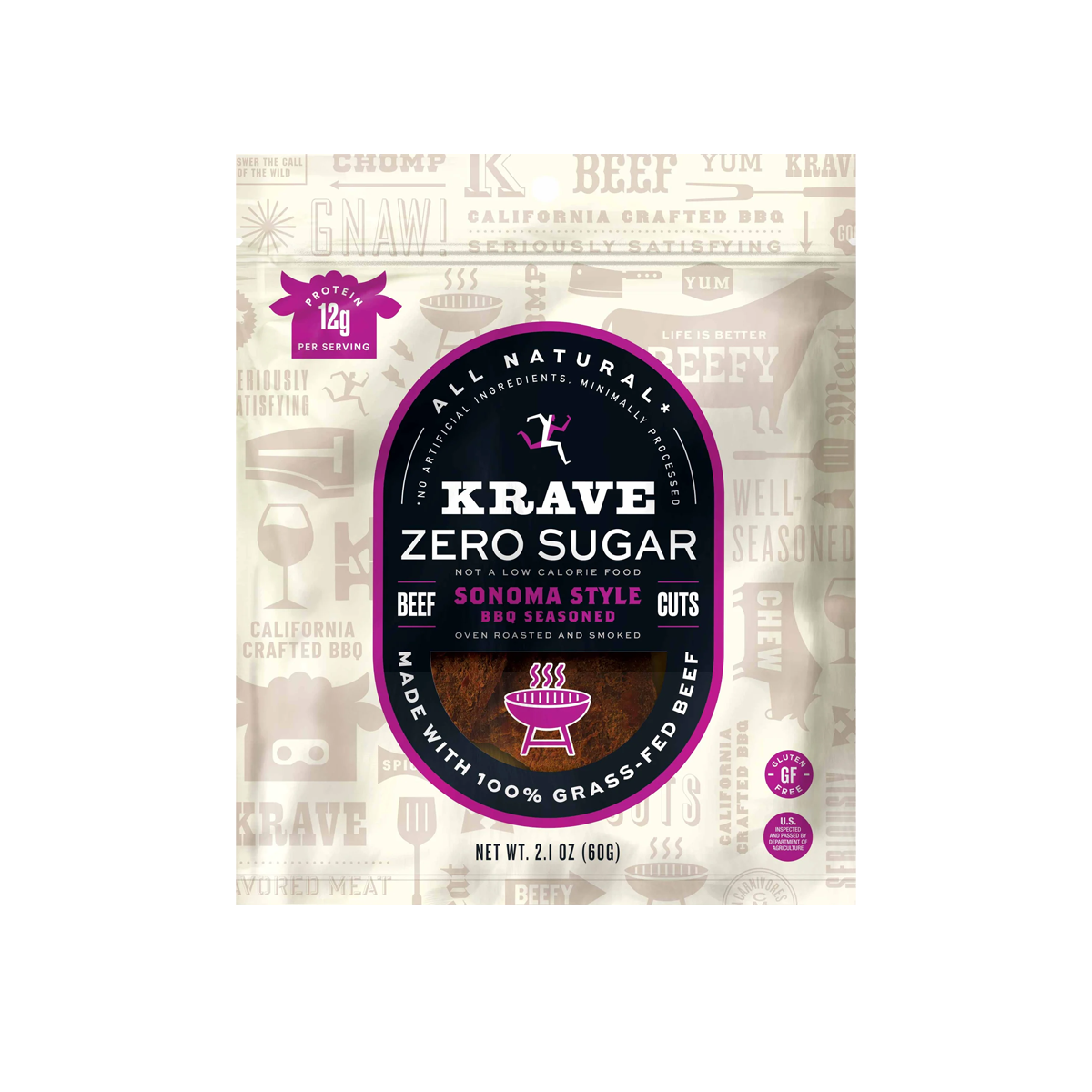 Krave Jerky, Zero Sugar Beef Cuts Sonoma Style BBQ Seasoned, Case Of 8, 2.1 oz