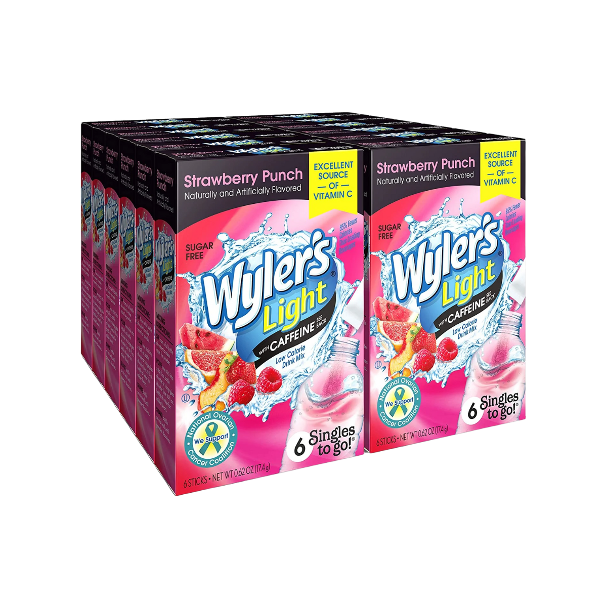 Wyler's Light Singles to Go Caffeinated Drink Mix - Strawberry Punch Powder Sticks (12 Boxes with 6 Packets Each - 72 Total Servings)
