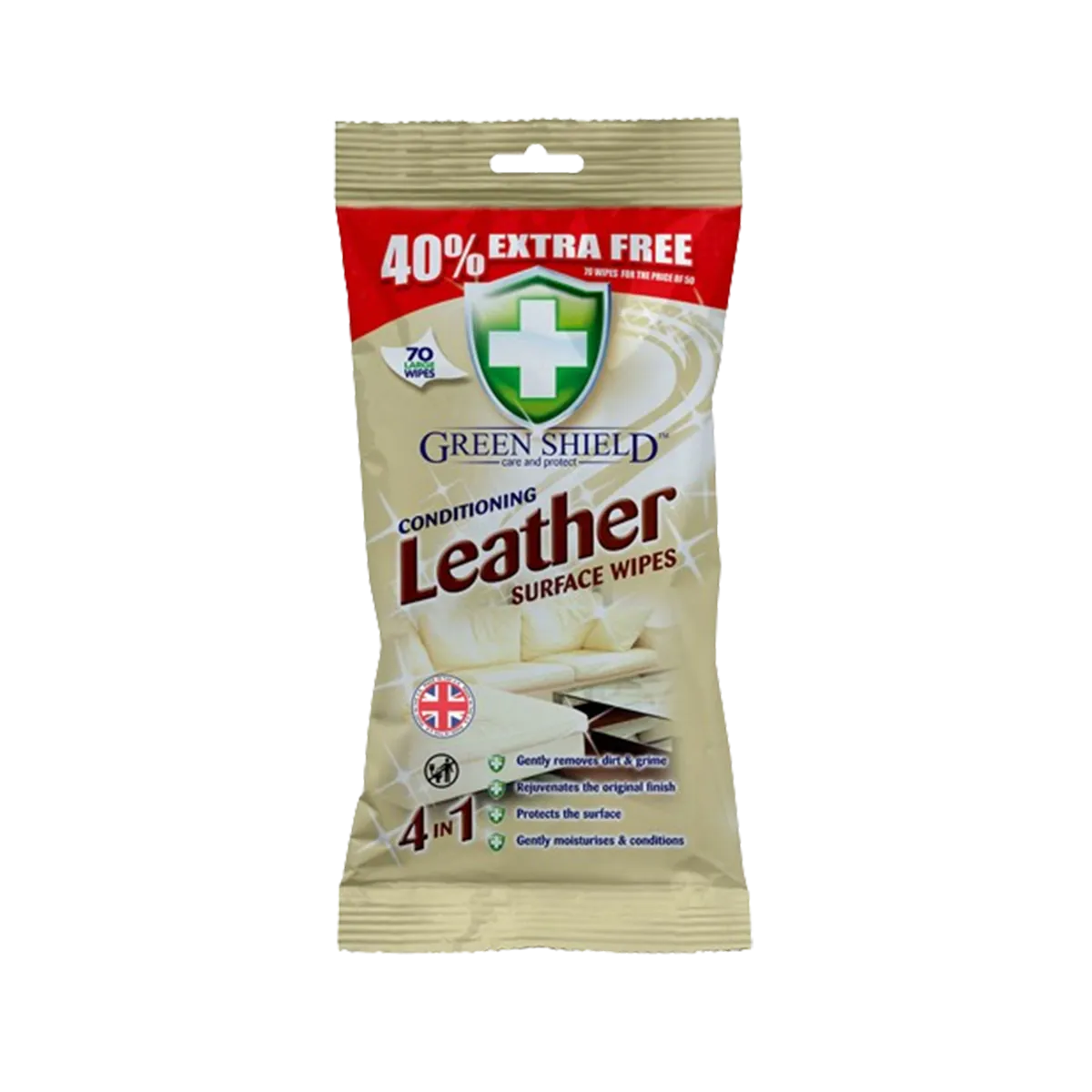 Greenshield Leather Wipes 40% Extra Total 70 Large Wipes
