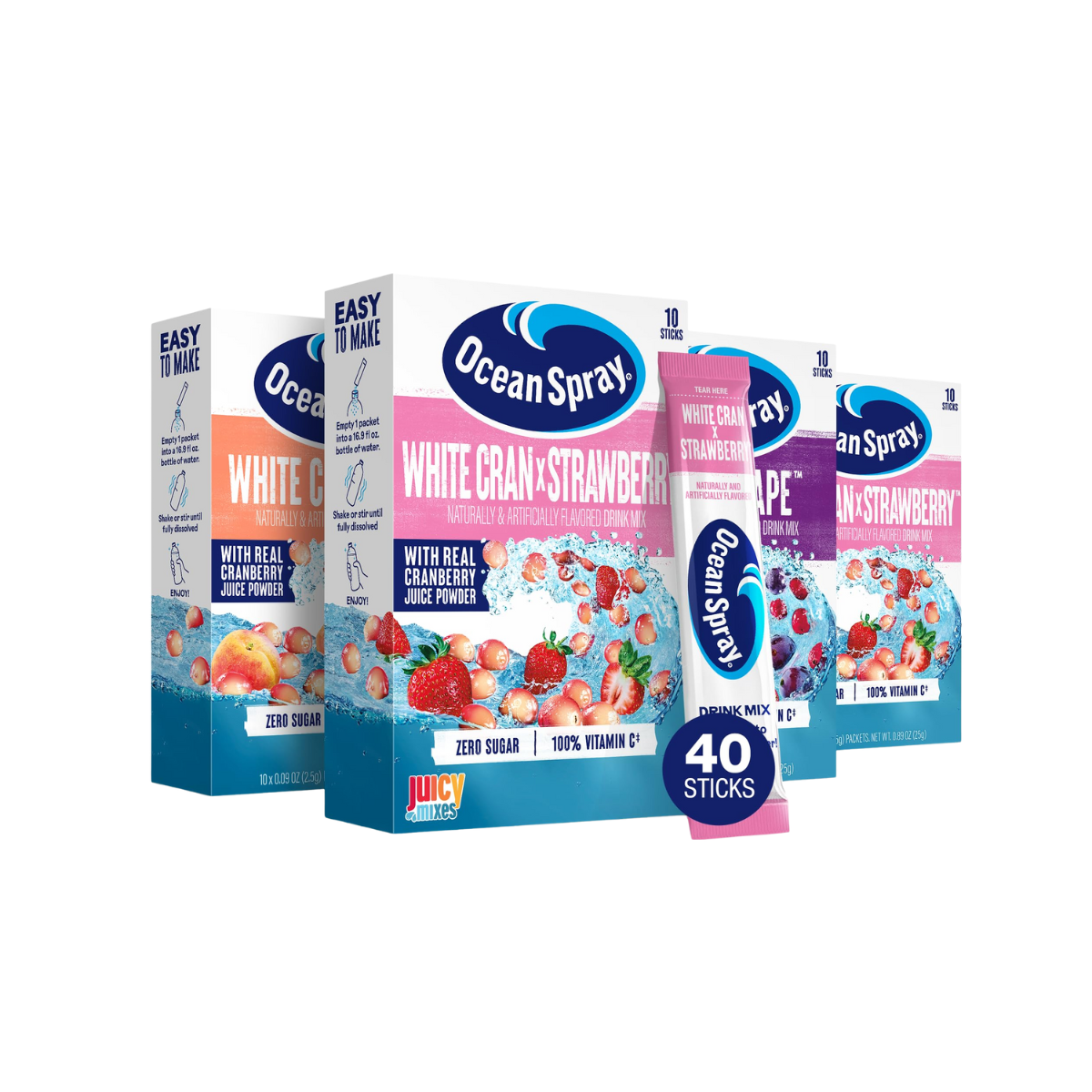 Ocean Spray® Variety Pack Zero Sugar Powder Drink Mix Packets with Real Cranberry Juice Powder, 100% Vitamin C, No Synthetic Dyes, Juicy Mixes (40ct)