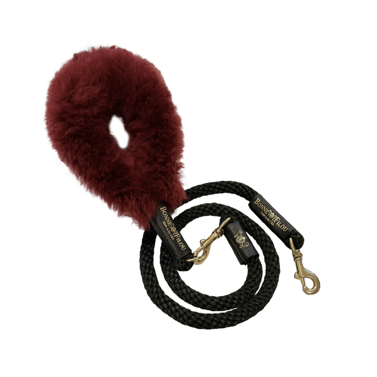 Bonne et Filou - Shearling Fur Grip with Braided Rope Leash - Burgundy and Black with Black Leather Sleeve - One size