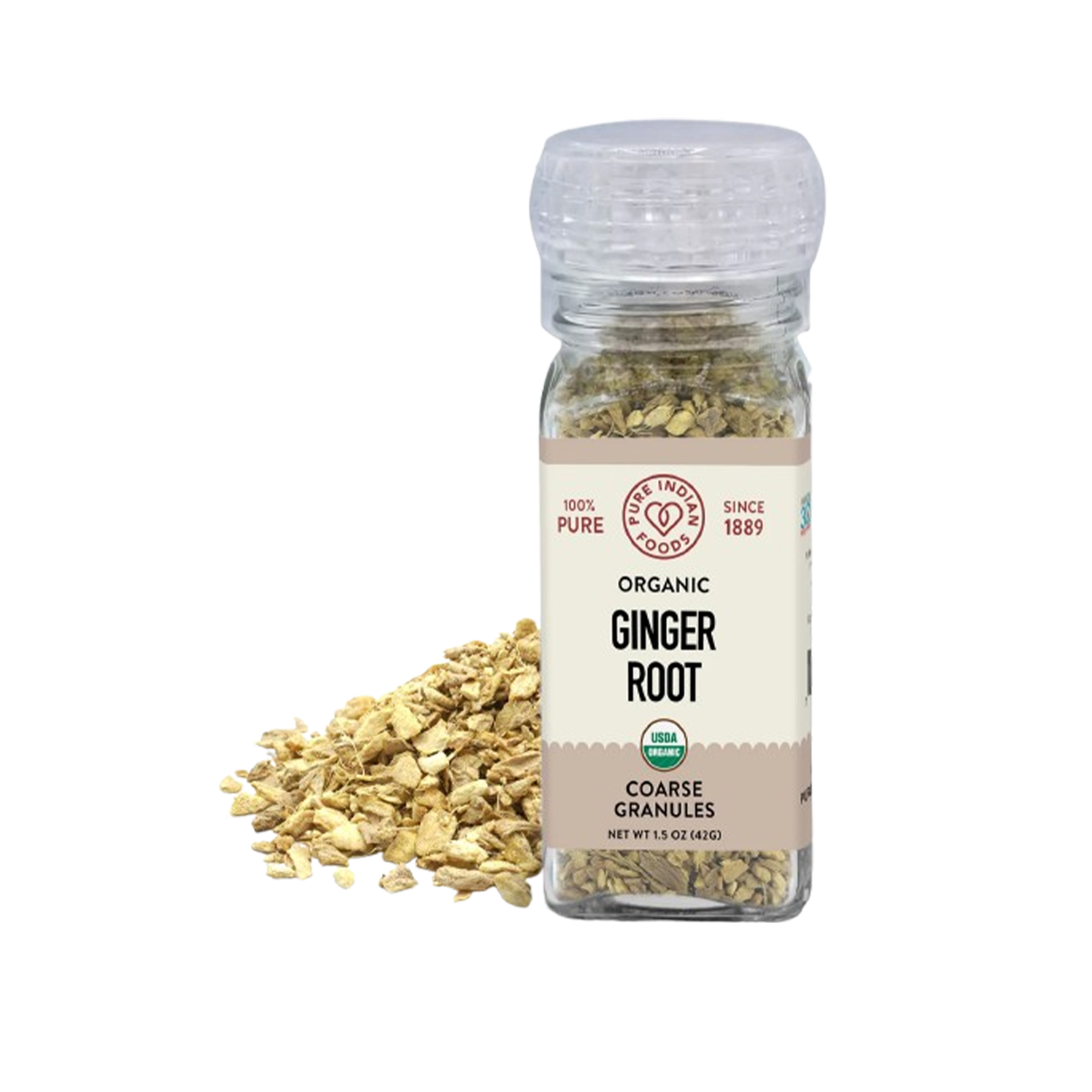 Pure Indian Foods Ginger Root, Certified Organic - Granulated Grinder Bottle - Case of 12 - 1.5 oz