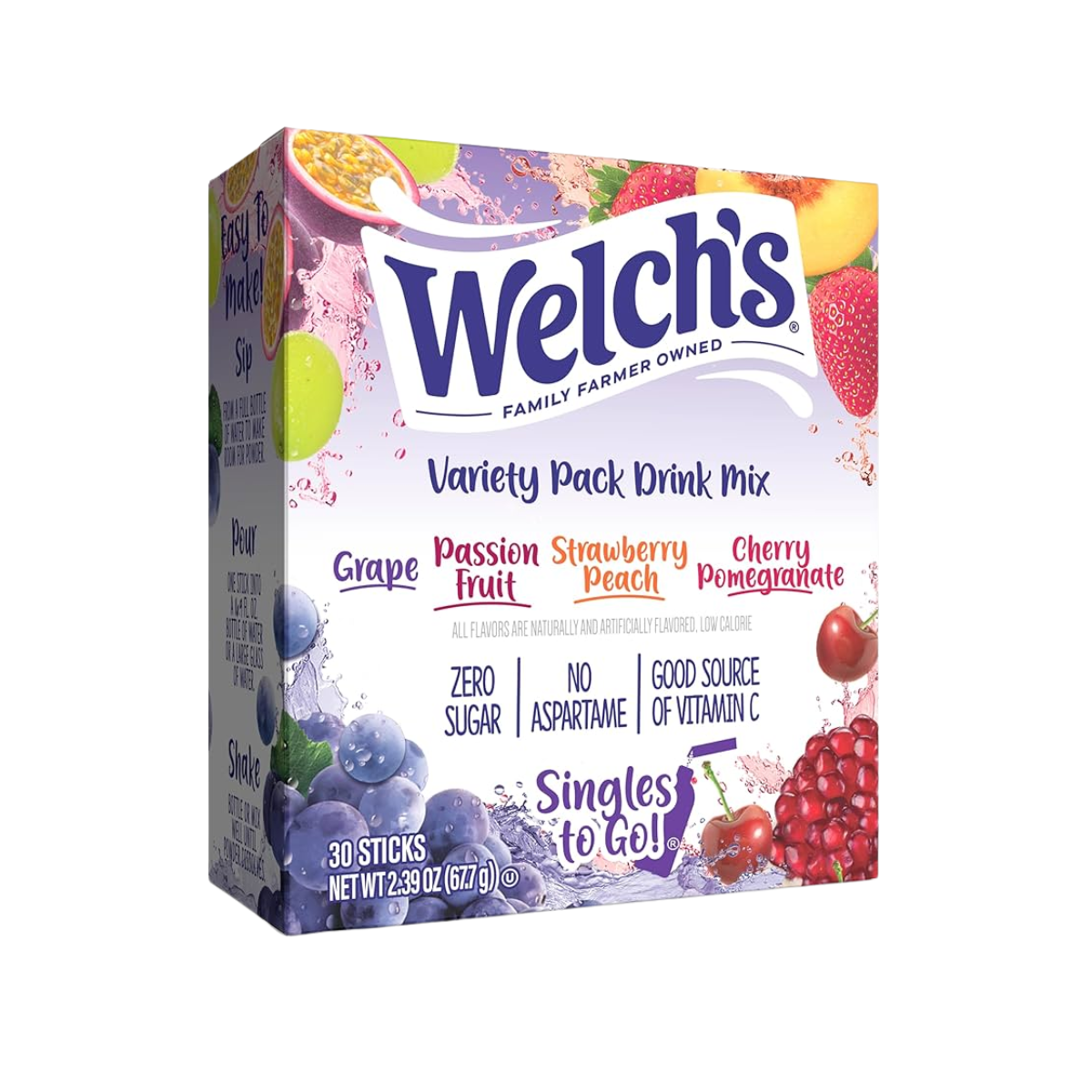 Welch's Singles To Go Variety Pack, Watertok Powdered Drink Mix, Includes 4 Flavors, Grape, Passion fruit, Strawberry Peach, Cherry Pomegranate, 1 Box (40 Servings)