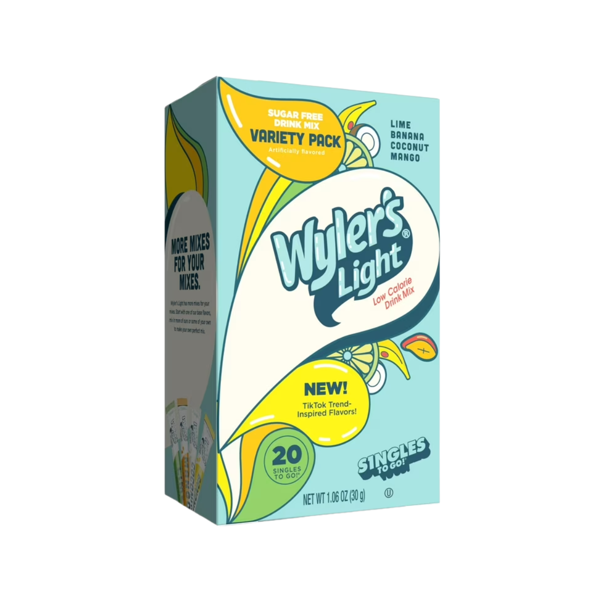 Wyler's Light Singles to Go Powder Packets, Water Drink Mix, Variety Pack, Lime, Banana, Coconut, Mango, Watertok Base Flavors, Sugar & Caffeine Free, On-The-Go, 20 Count (Pack - 1)